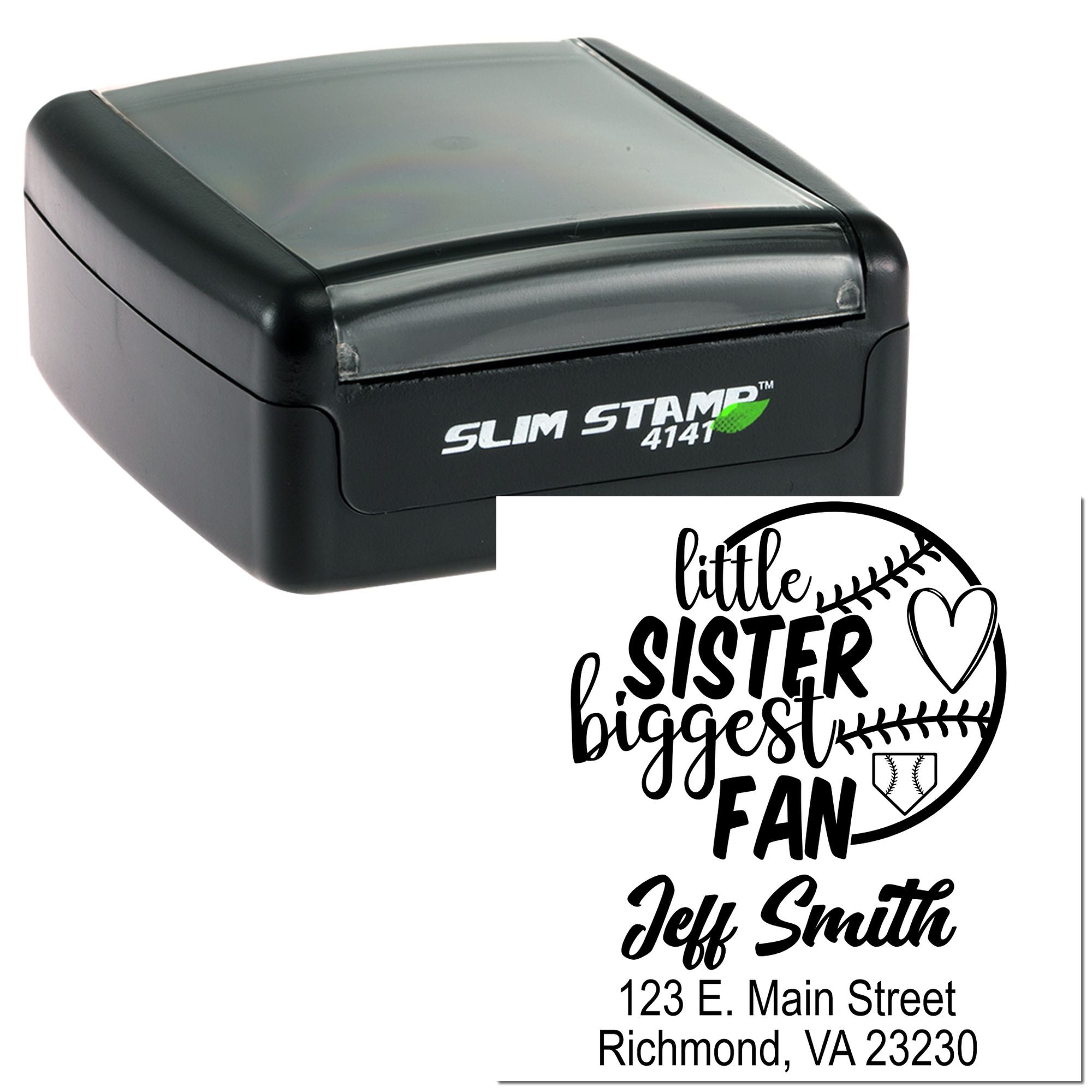 Custom self-inking rubber stamp with baseball-themed Little Sister Biggest Fan design and address imprint for personalized use.
