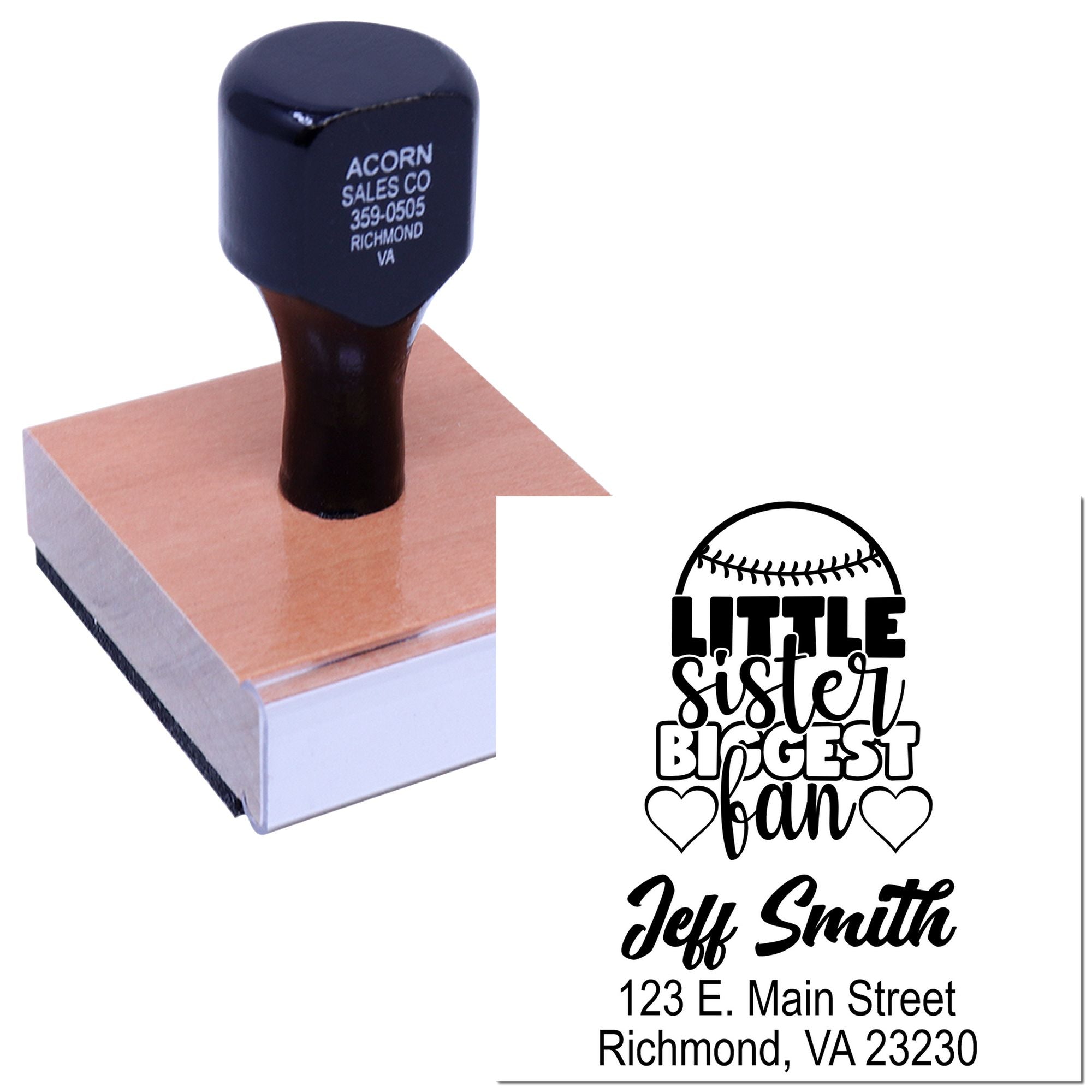 Custom rubber stamp for Little Sister Biggest Fan return address, featuring baseball design and Jeff Smith, Richmond, VA.