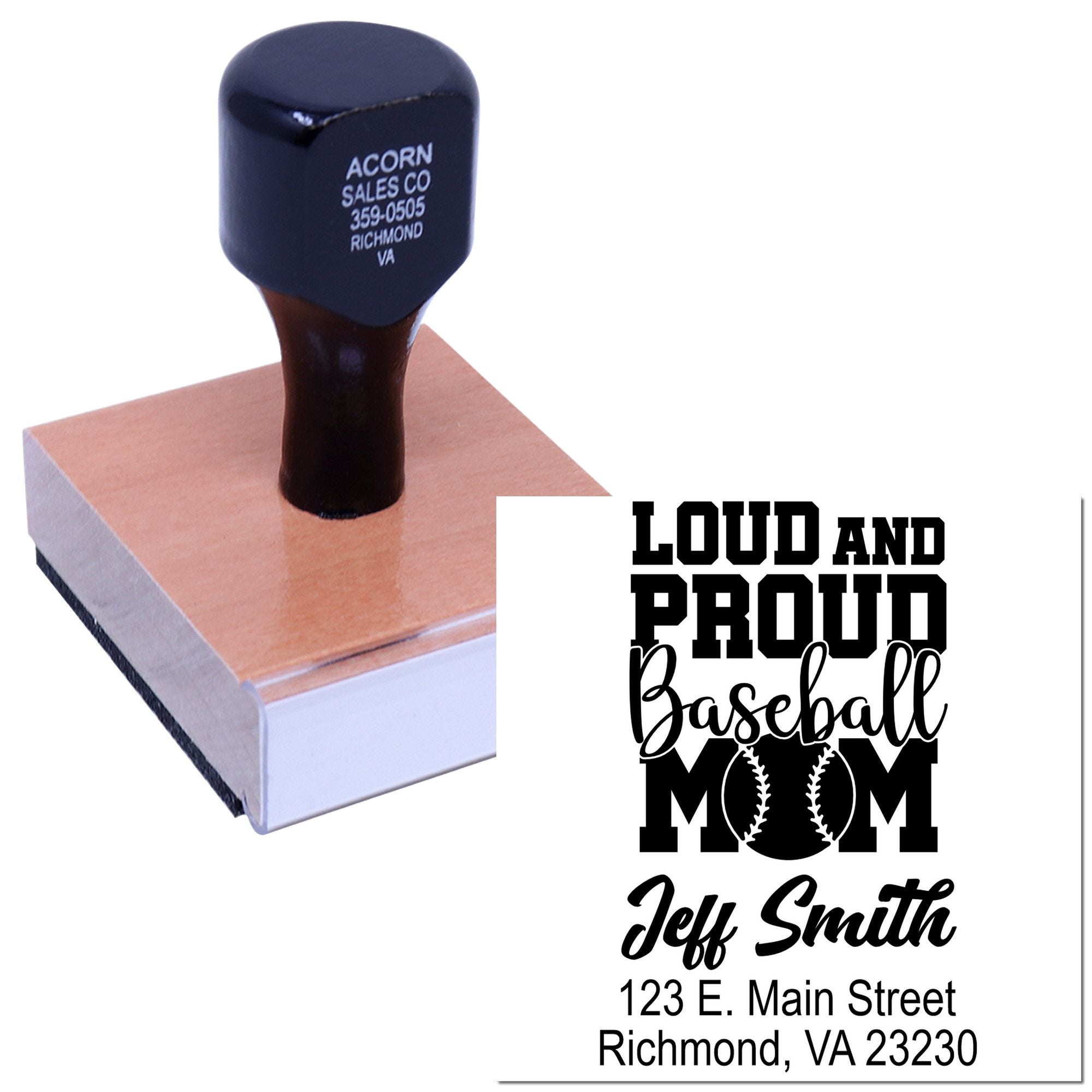 Hit Leader League Loud And Proud Baseball Mom Personalizable Return Address Stamp with Wood Handle