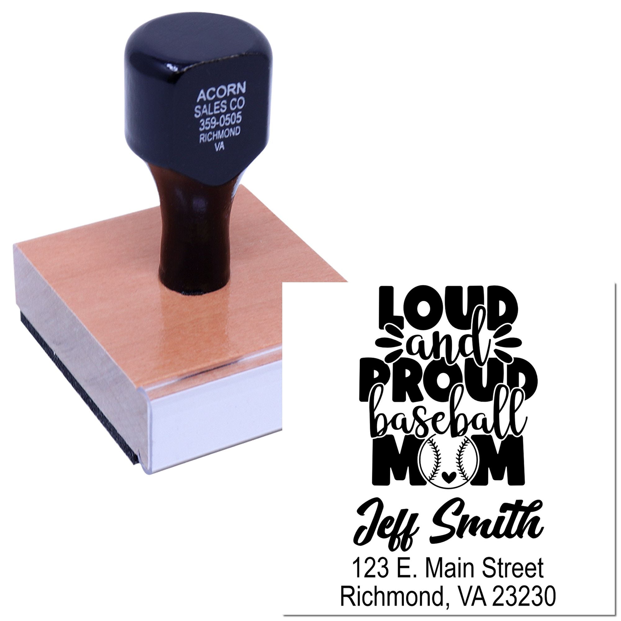 Slug & Dash Loud And Proud Baseball Mom Personalizable Return Address Stamp with Wood Handle