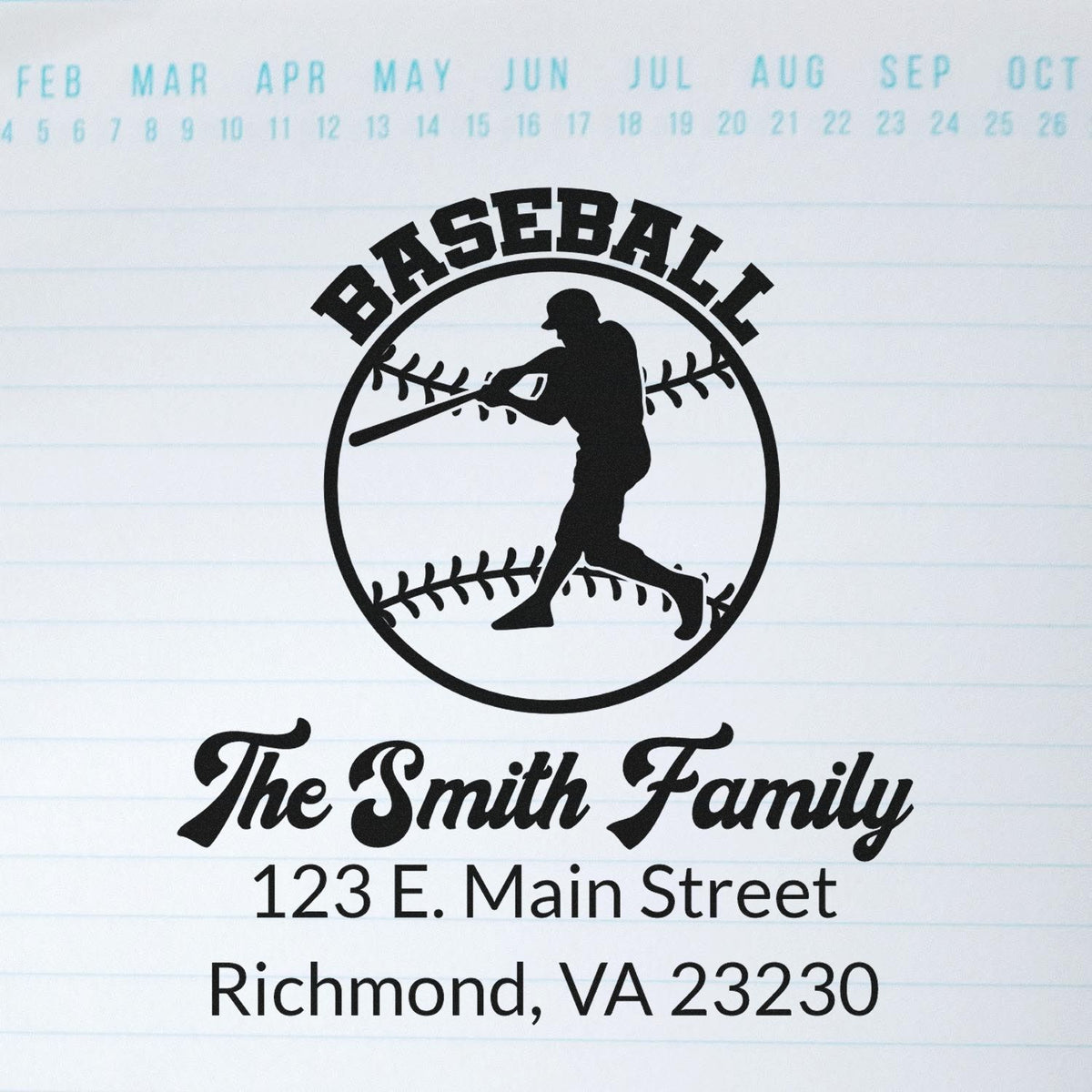 Custom baseball return address rubber stamp with player silhouette for The Smith Family, Richmond VA 23230