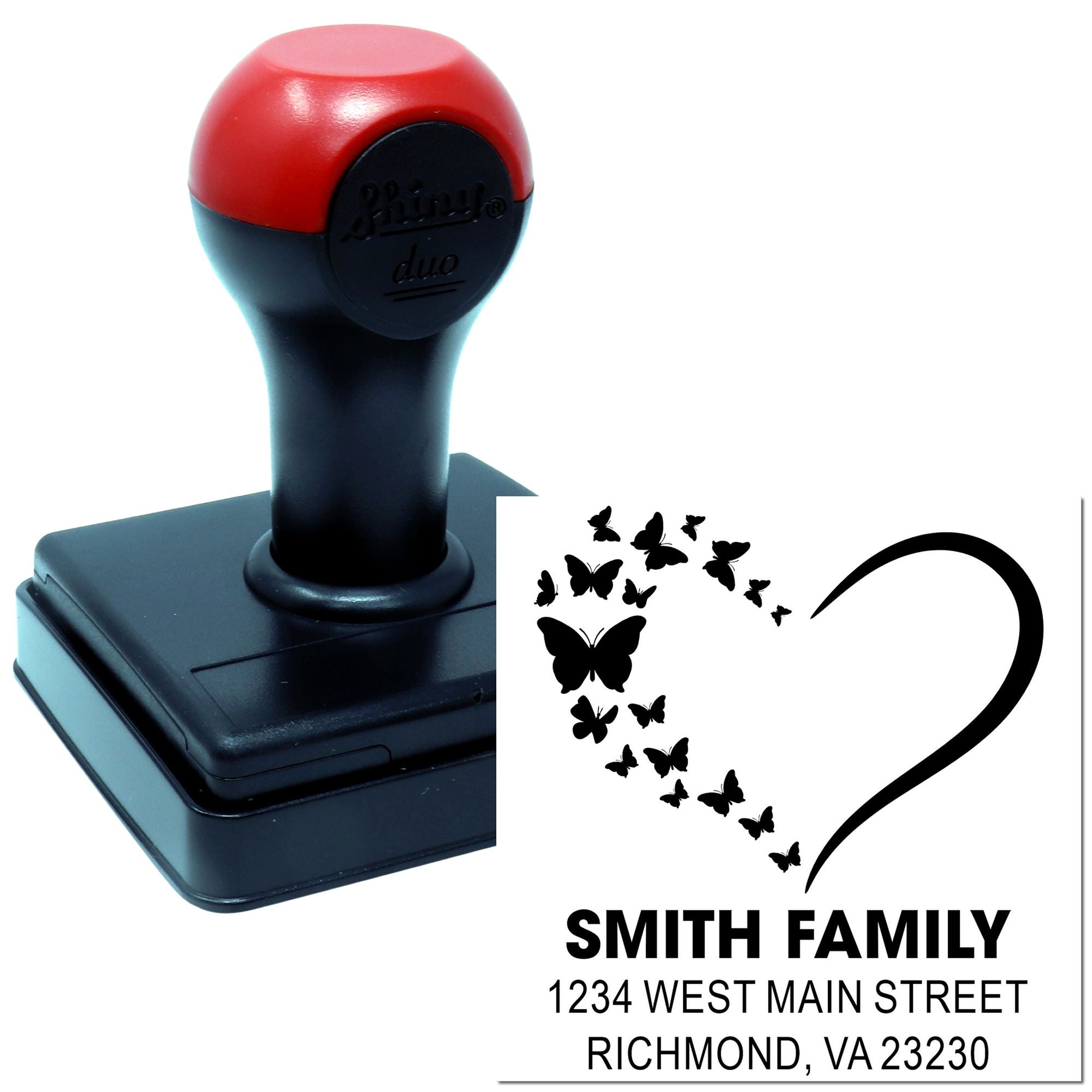 Custom butterfly heart address rubber stamp for family mailings, featuring Smith Family name and return address.