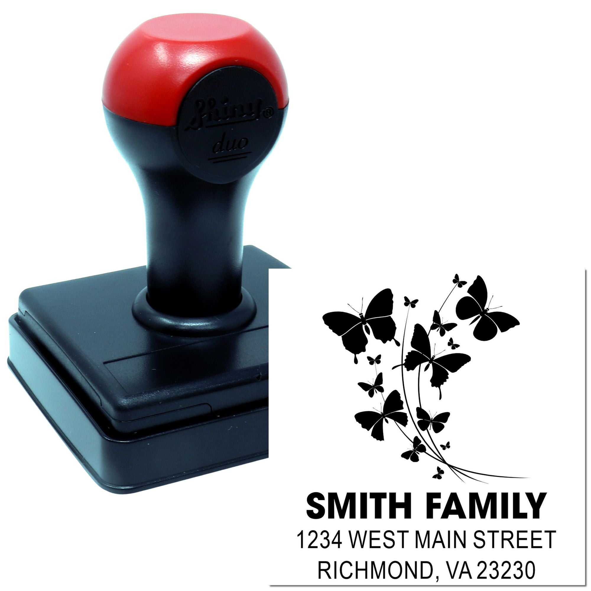 Personalized self-inking rubber address stamp with butterfly design for Smith family, Richmond, VA return mail
