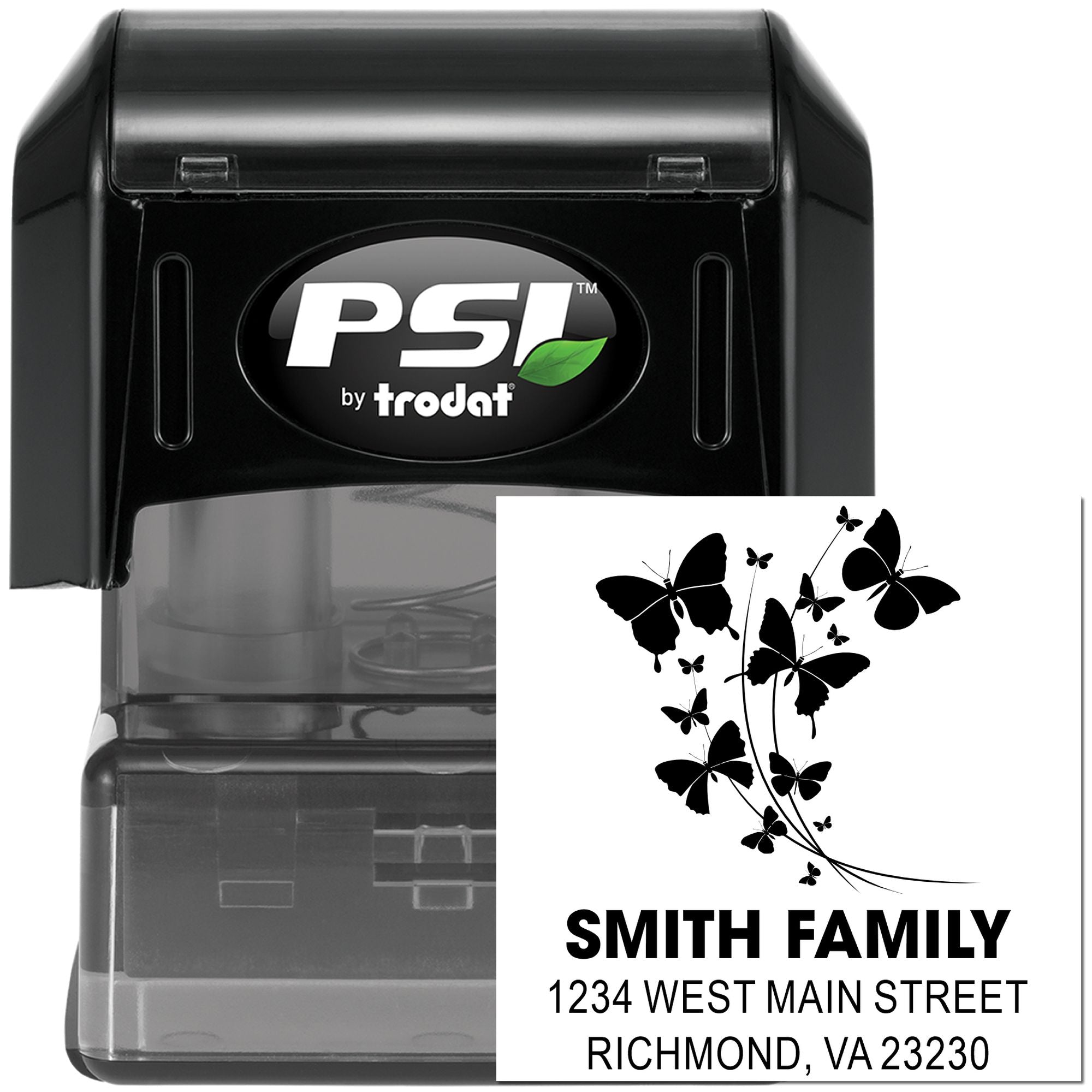 PSI by Trodat self-inking custom return address stamp with butterfly design for family mailing labels and envelopes.