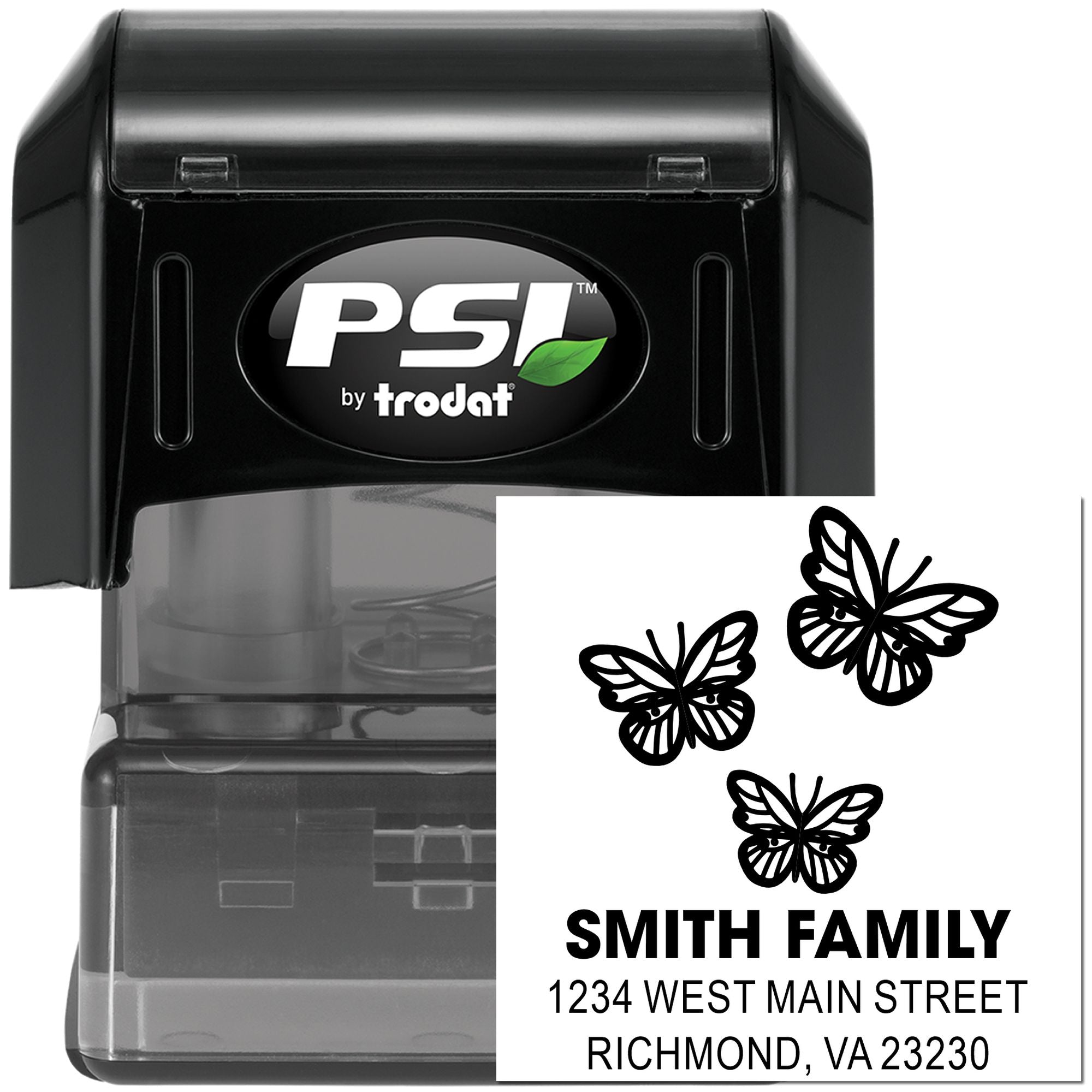 Custom self-inking rubber address stamp with butterfly design for Smith Family, Richmond, VA by PSI/Trodat