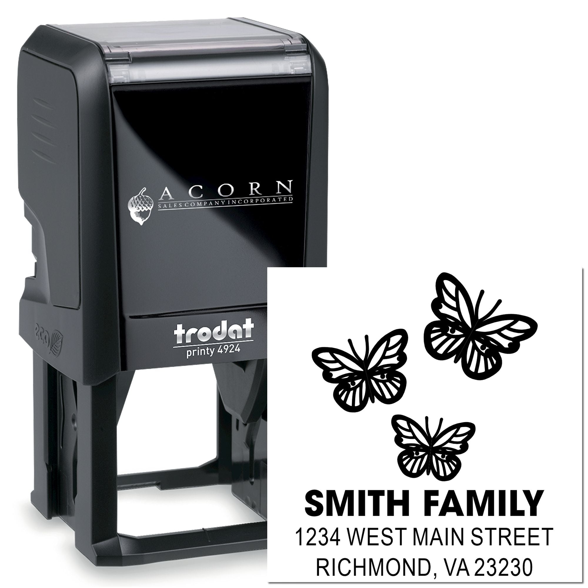 Custom butterfly address rubber stamp, self-inking Trodat stamp for Smith Family mailing labels and return addresses.