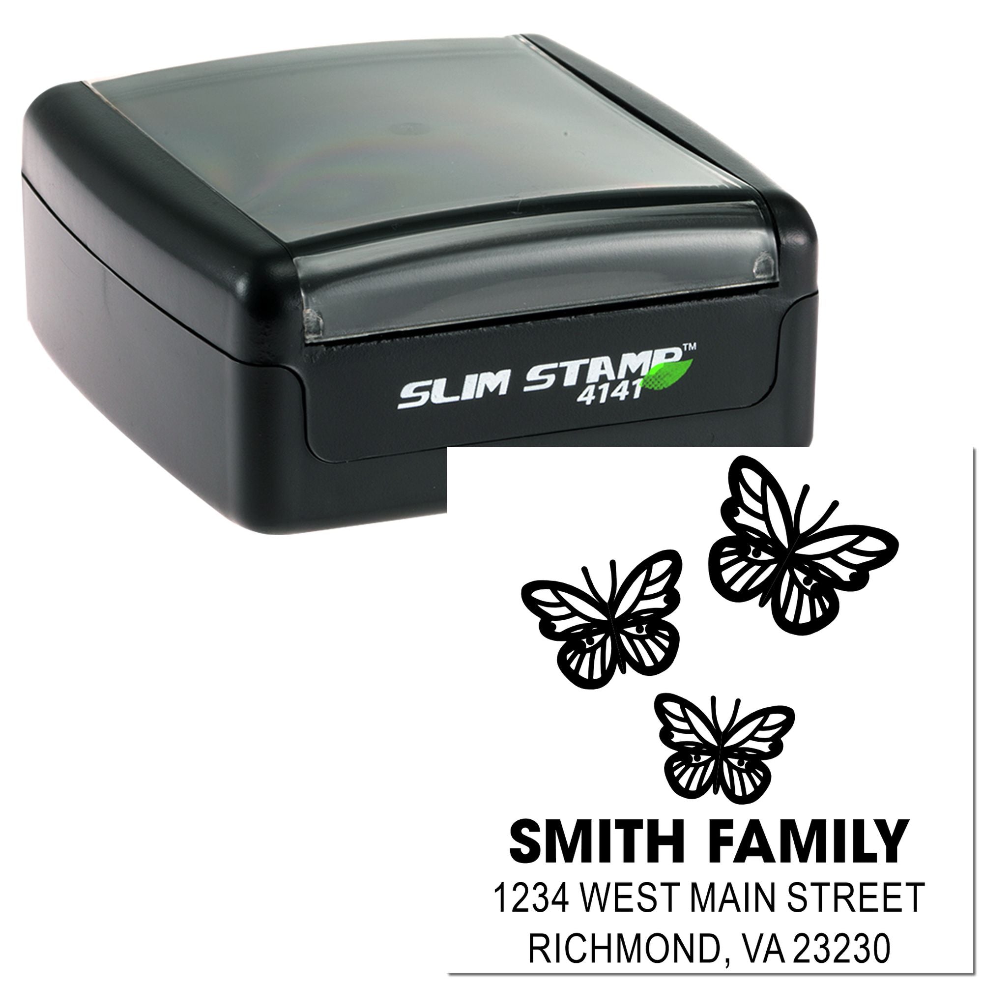 Custom self-inking rubber stamp with butterfly return address design for personalized family mailing labels.