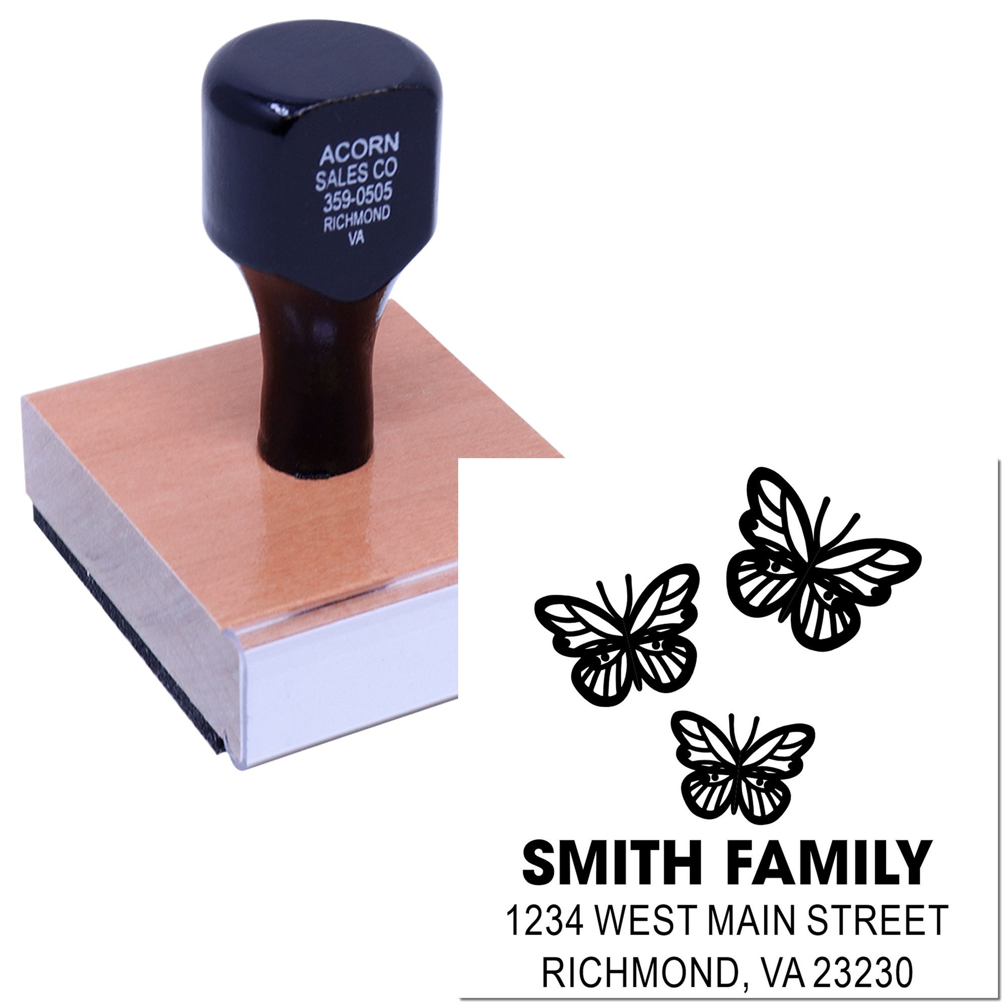 Custom rubber stamp with butterfly family return address design for personalized mailing and home use