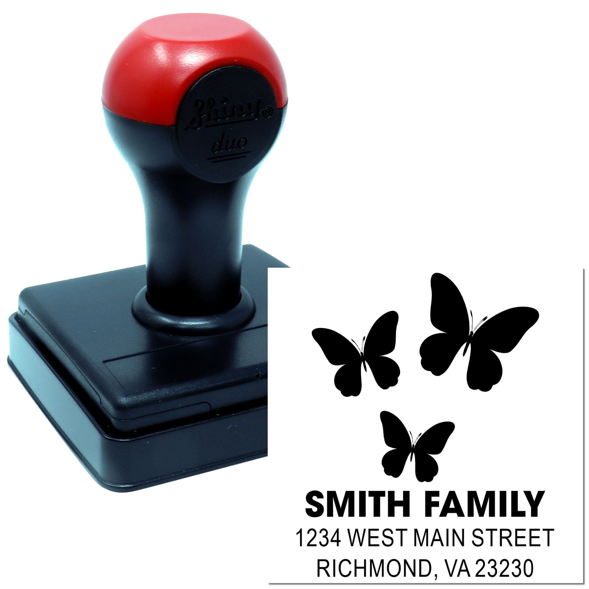 Custom butterfly return address self-inking stamp with family name and mailing address for envelopes, wedding invites, or home use.
