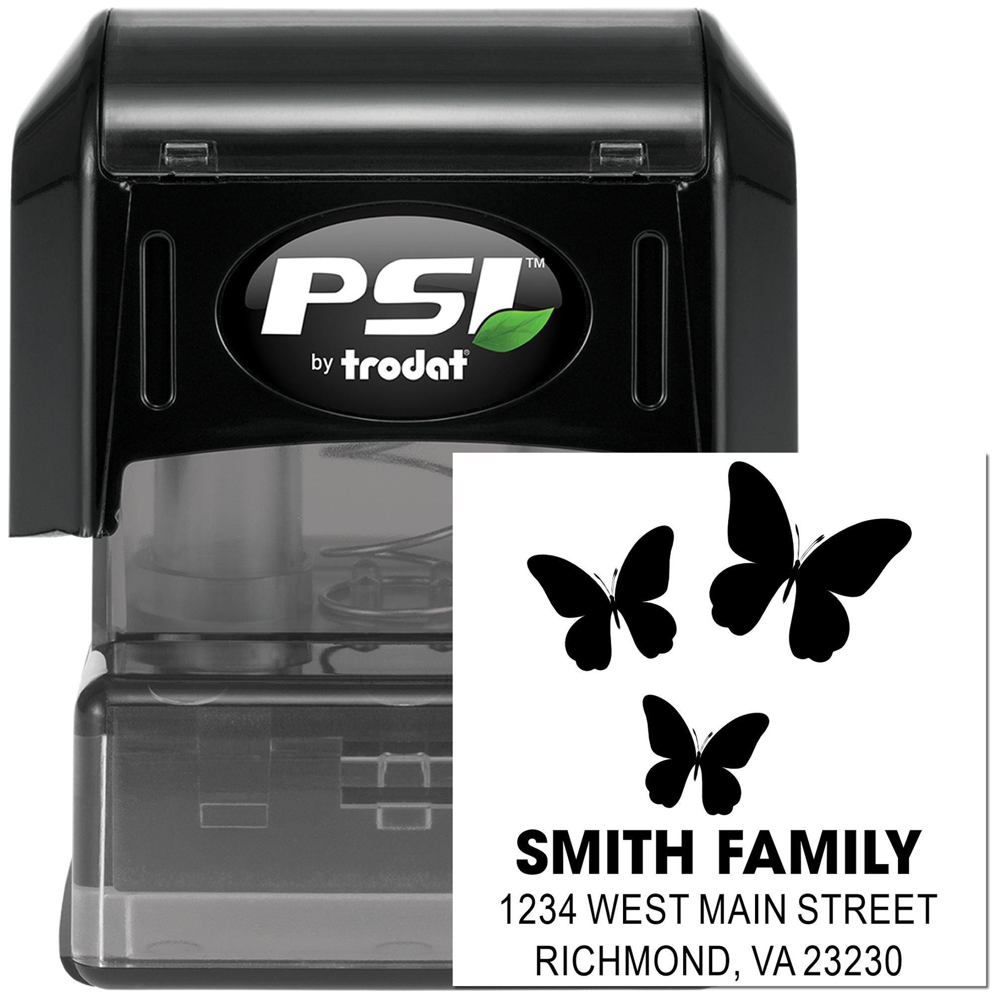 Custom self-inking rubber stamp with butterfly and return address for personalized family mailing.