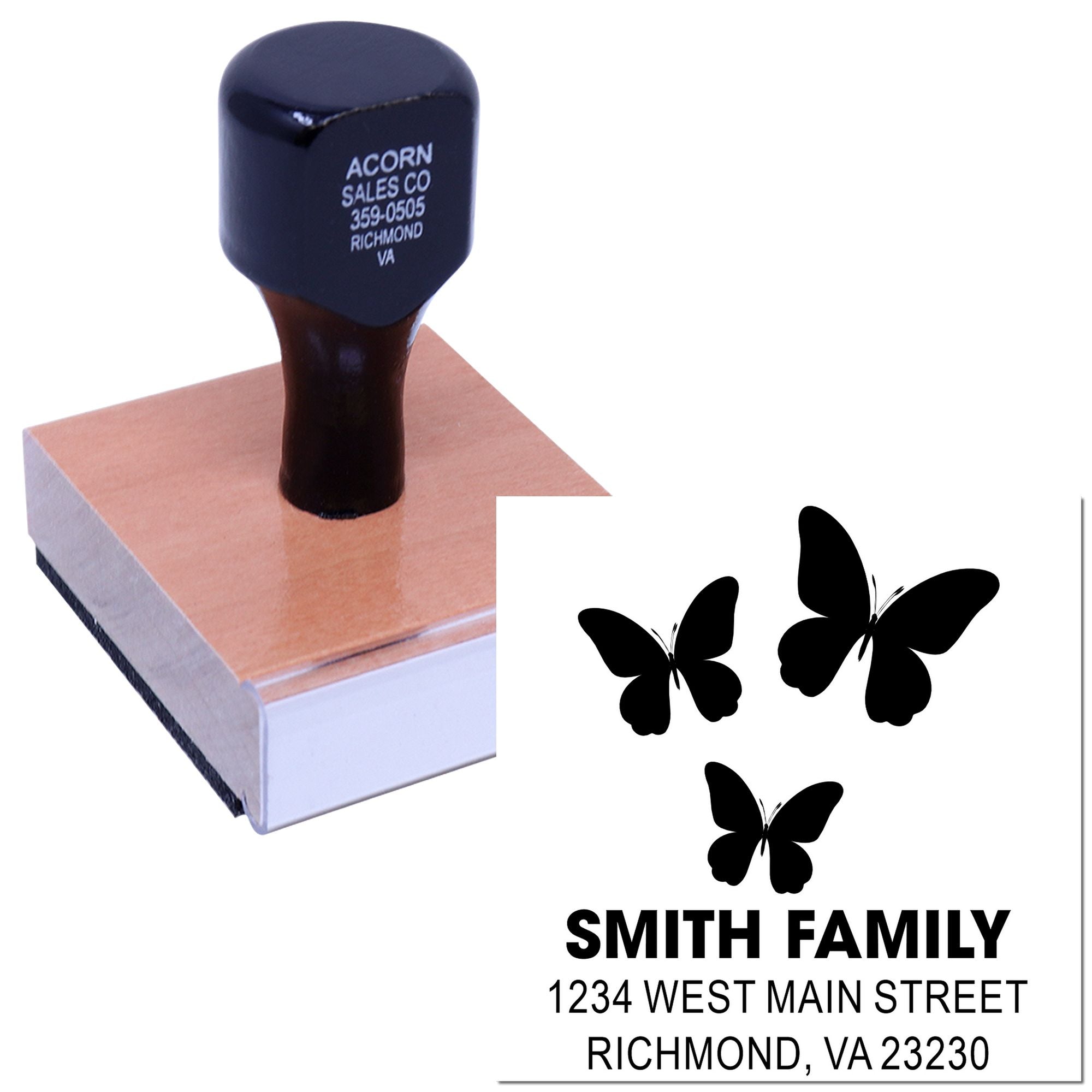 Custom butterfly address rubber stamp with Smith Family return address for personalized mailing and stationery.