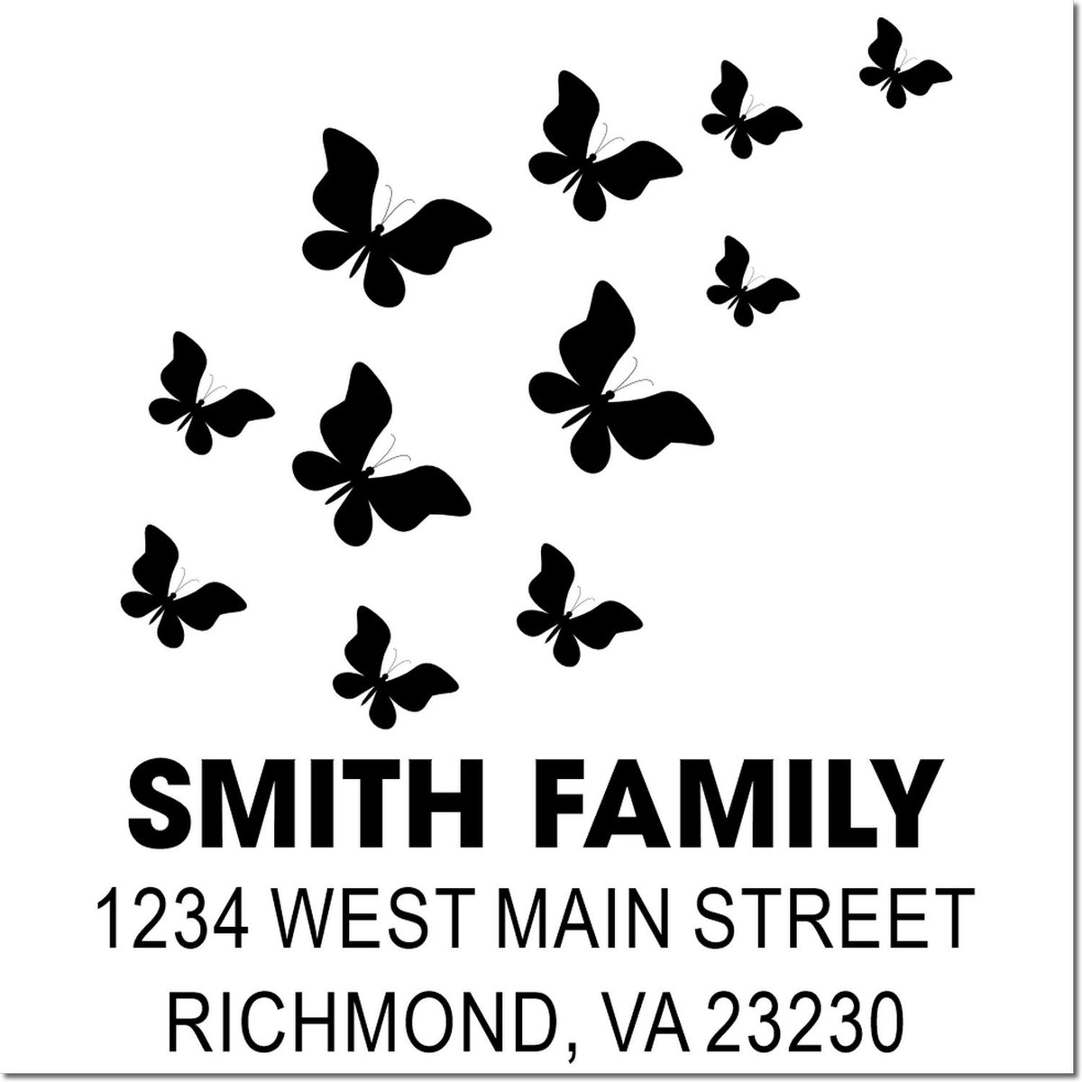 Custom butterfly return address rubber stamp for Smith Family, 1234 West Main Street, Richmond, VA 23230
