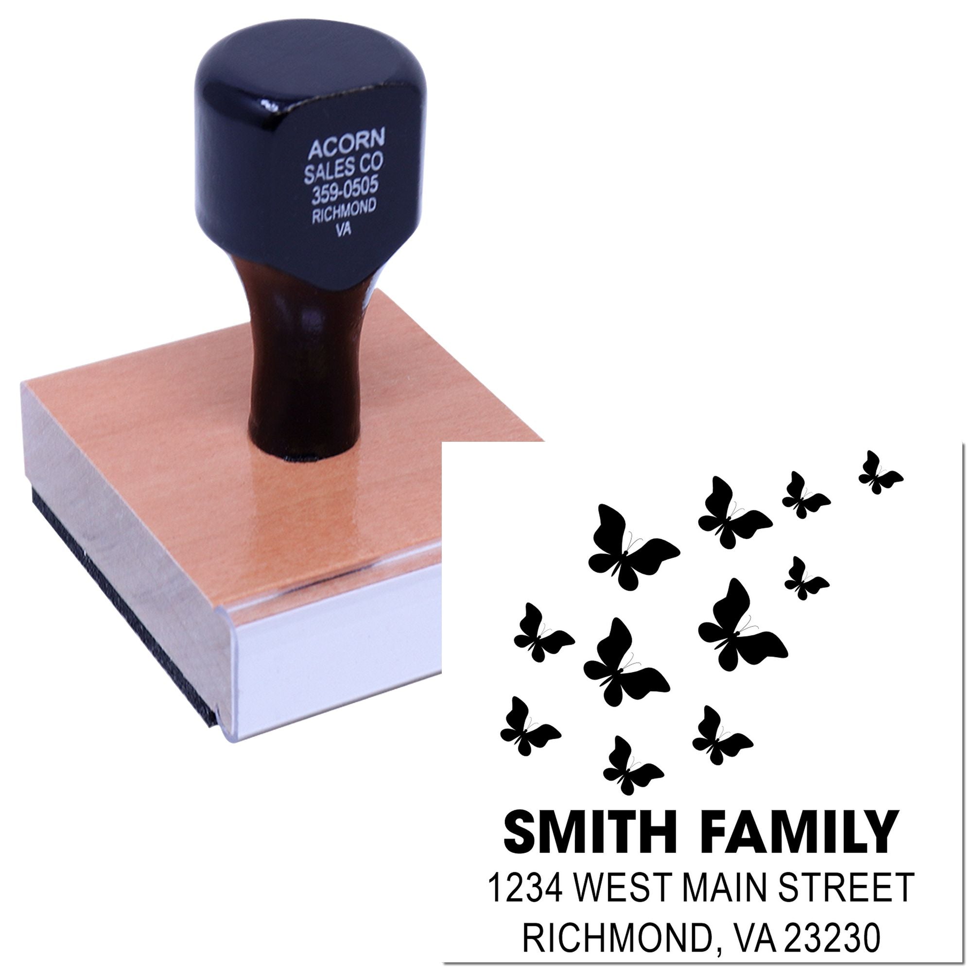 Custom rubber stamp with butterfly return address design for personalized family mail, envelopes, and stationery.