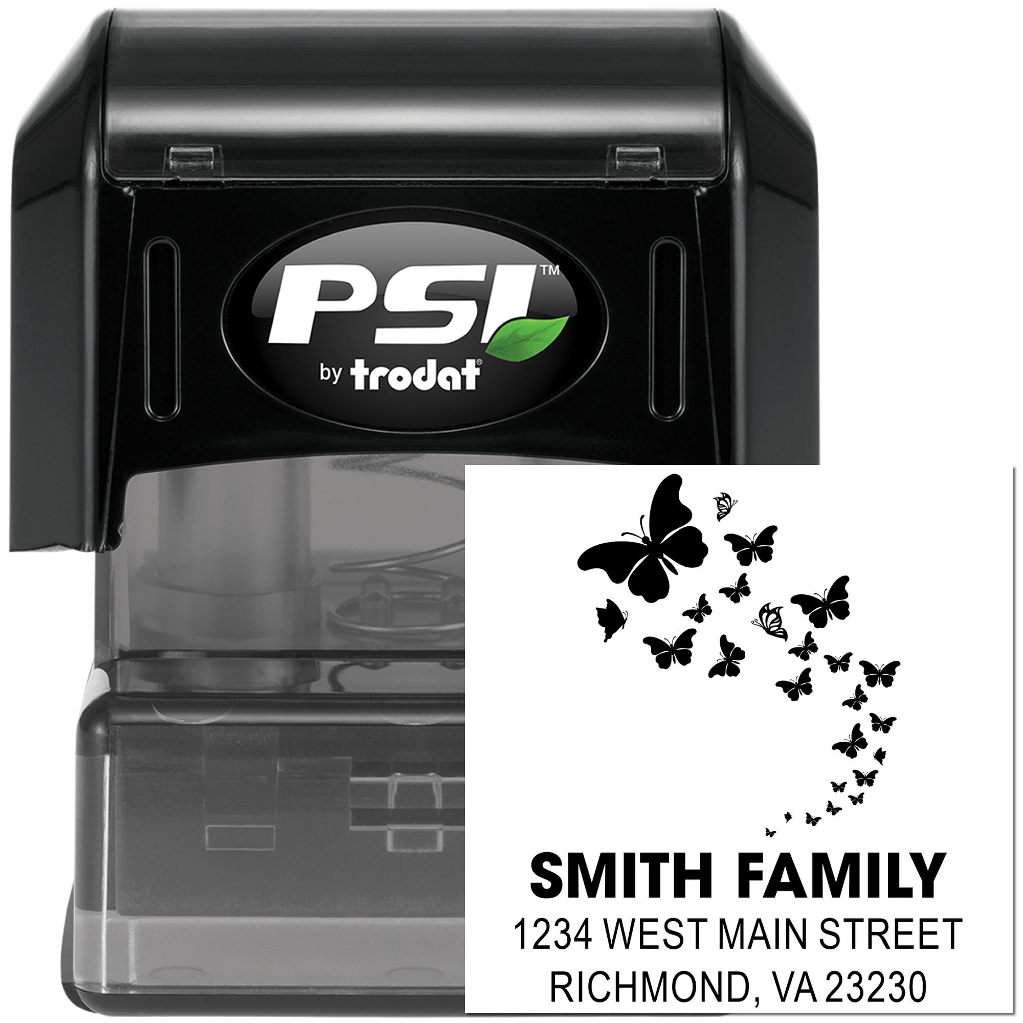 Custom butterfly family address rubber stamp, PSI by Trodat self-inking stamp for personalized mailing labels.