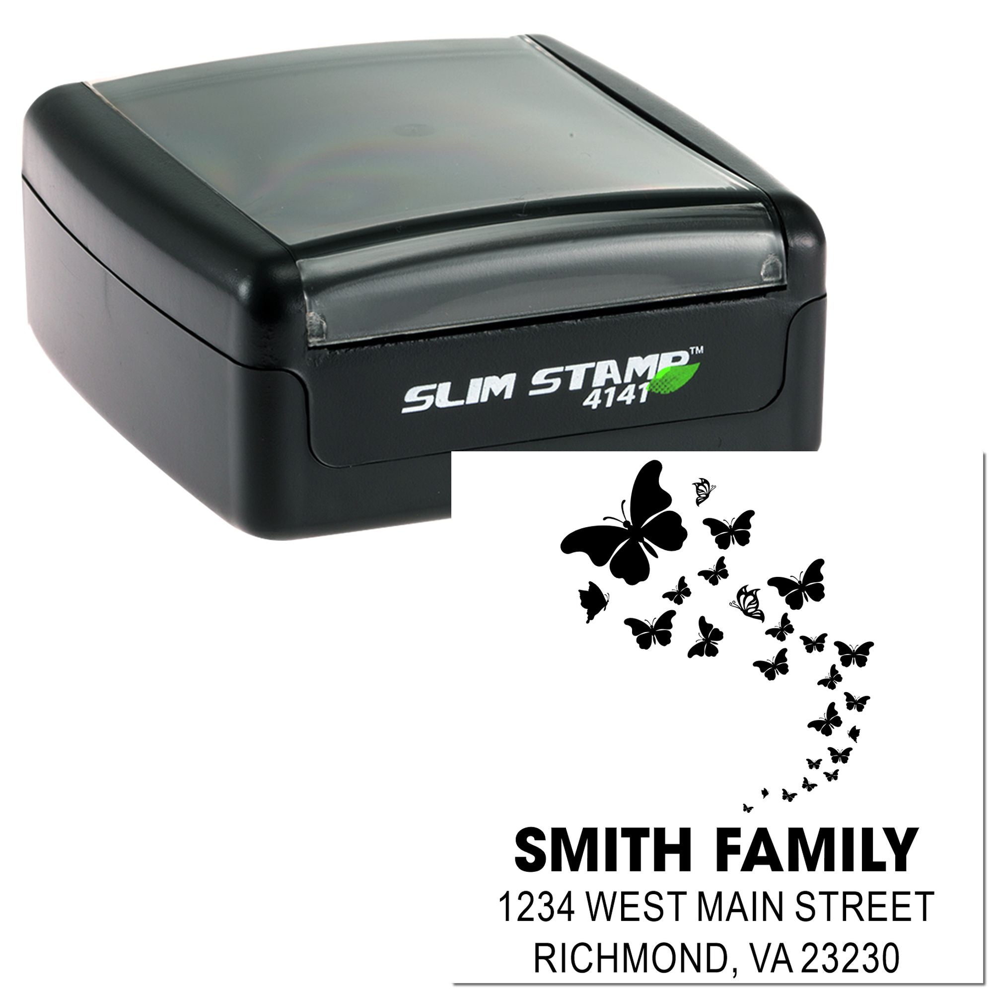 Slim Stamp 4141 self-inking rubber stamp for custom family return address labels with butterfly design.
