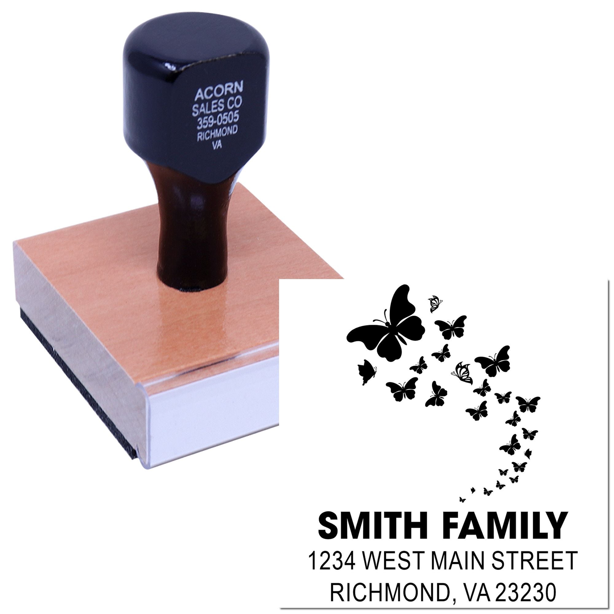 Personalized butterfly family address rubber stamp with Smith Family name and Richmond, VA return address for envelopes.