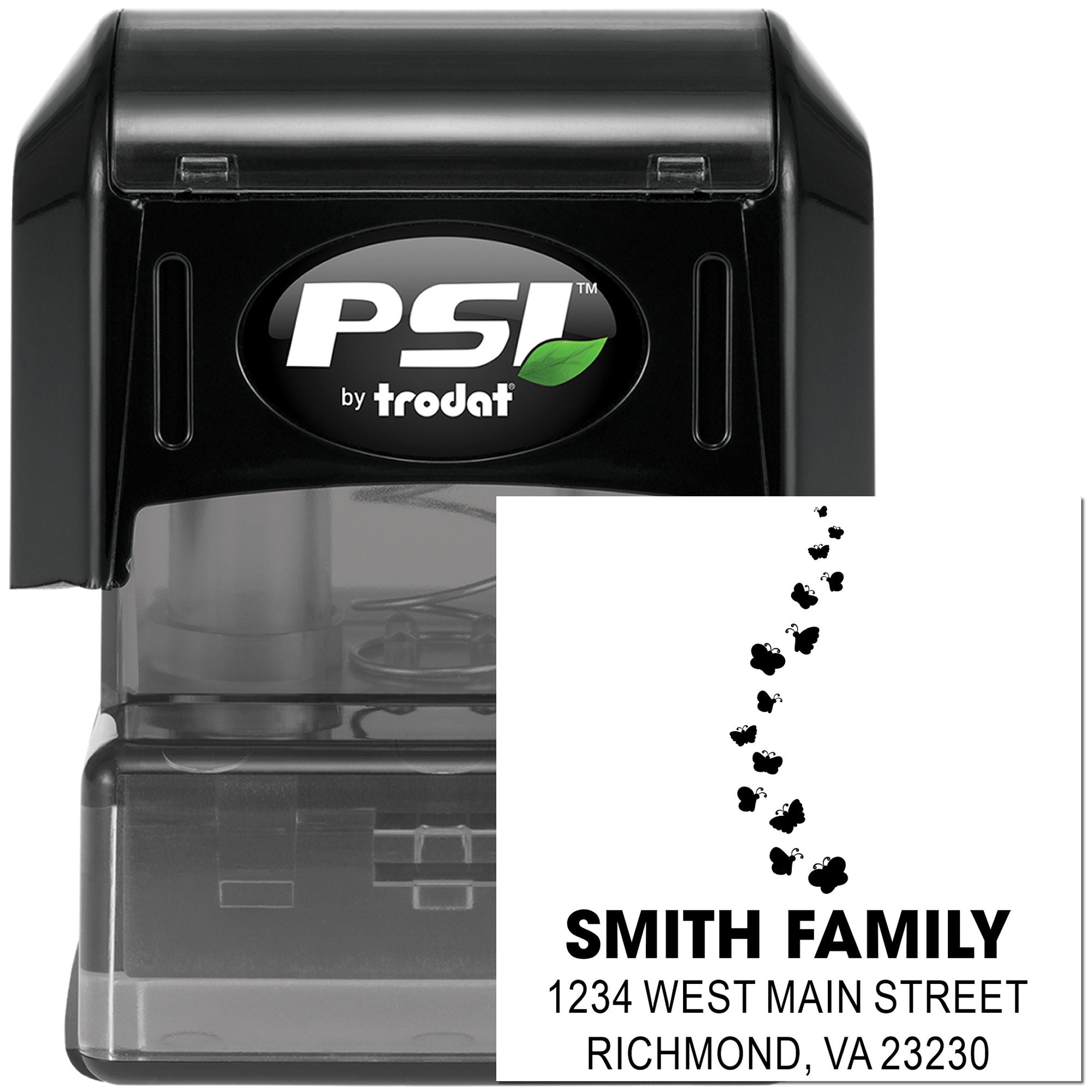 Custom self-inking rubber return address stamp by PSI by Trodat with butterfly design for the Smith family.