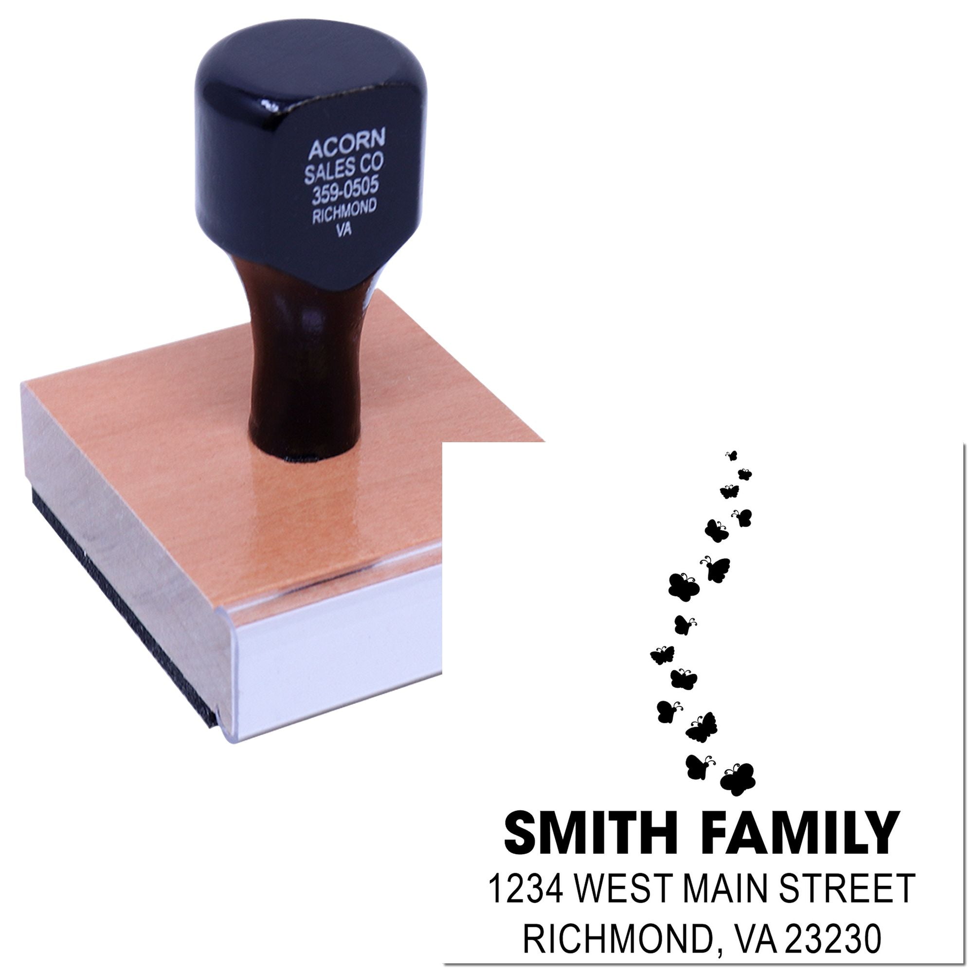 Custom butterfly return address rubber stamp with Smith Family name and Richmond, VA address for envelopes and mailings.
