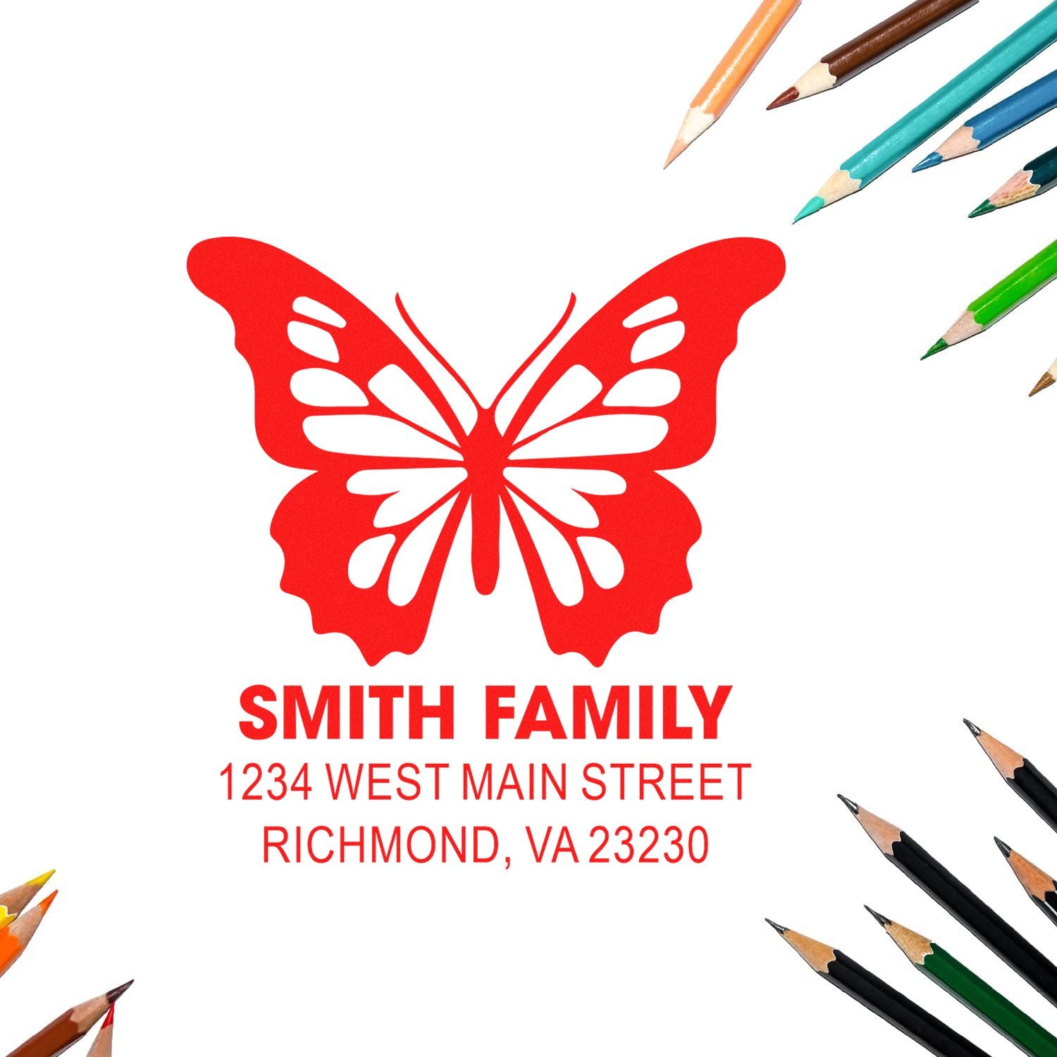 Personalized butterfly family address rubber stamp with Smith Family and Richmond, VA return address.