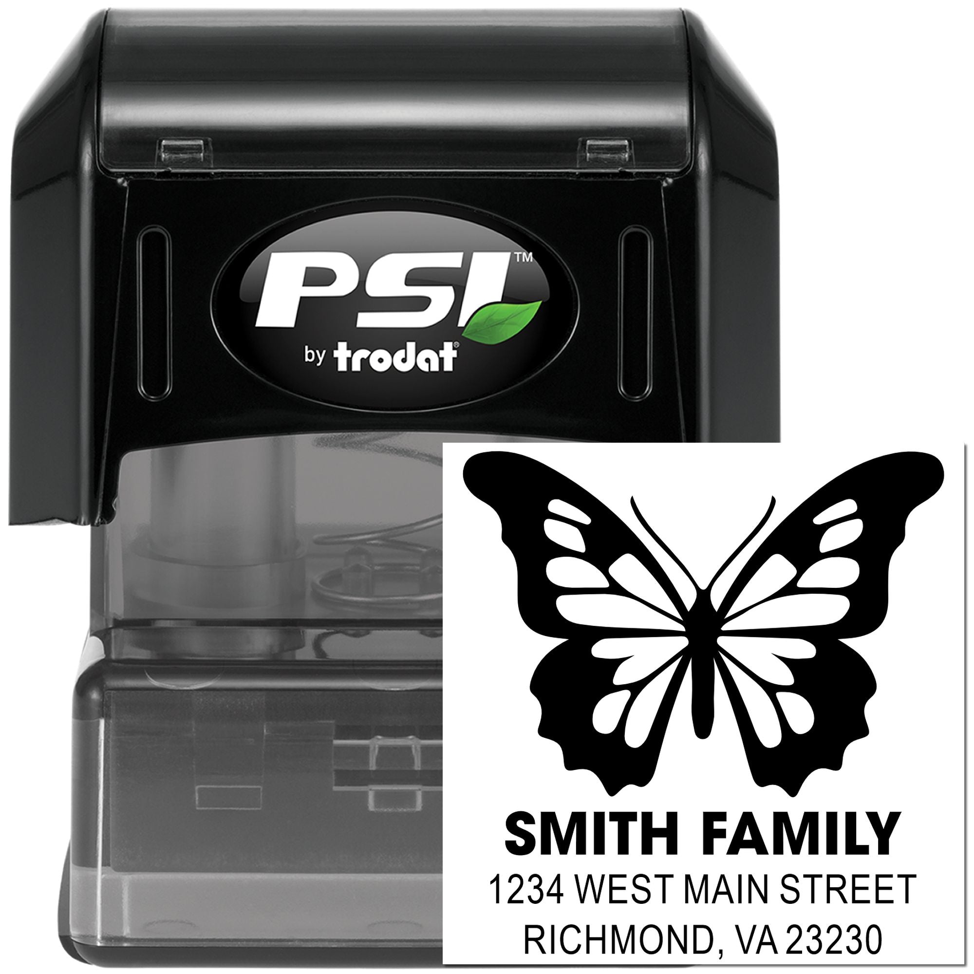 Custom self-inking butterfly address rubber stamp by PSI Trodat with family name and mailing address for personalized mail.