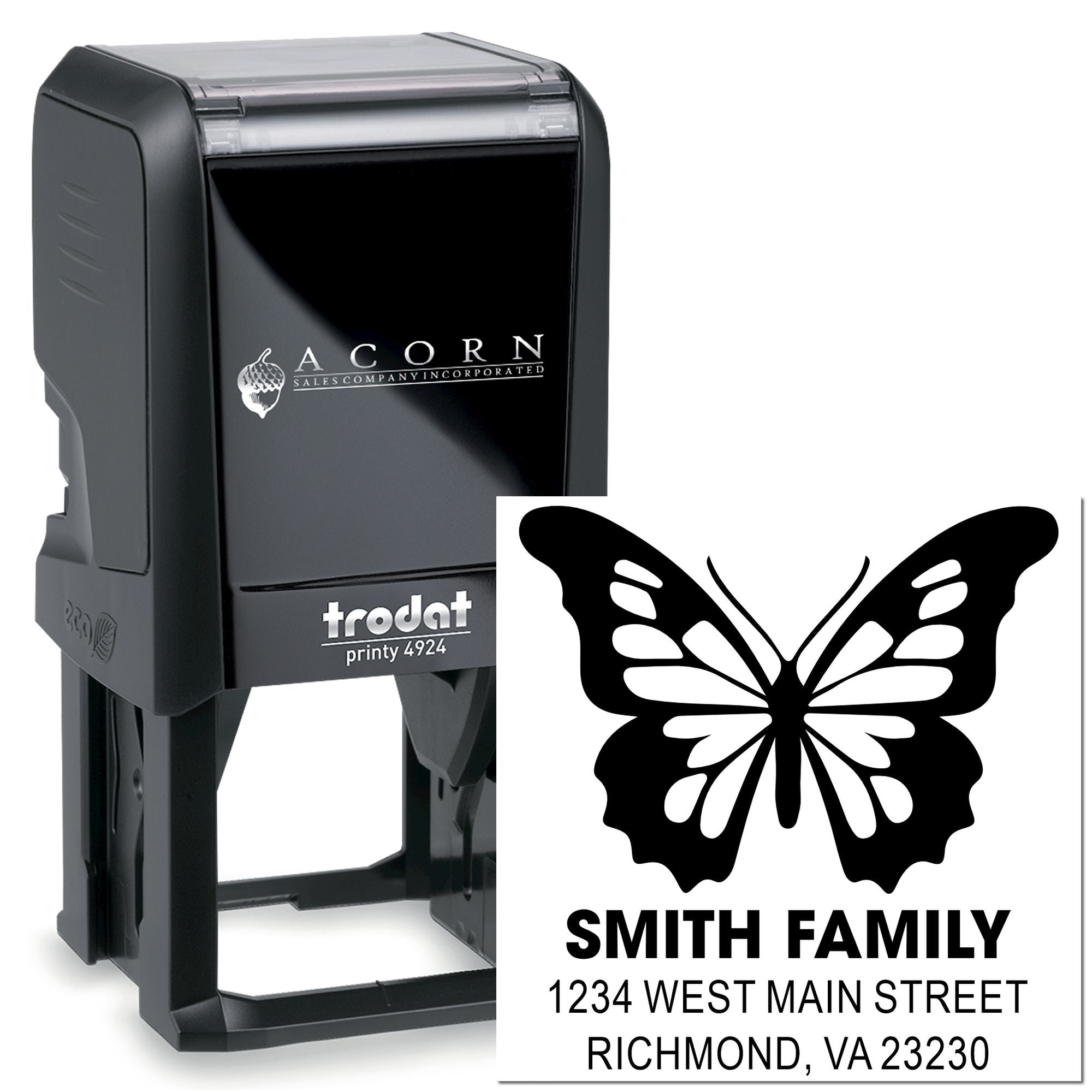 Trodat Printy self-inking custom rubber address stamp with butterfly design and Smith family return address