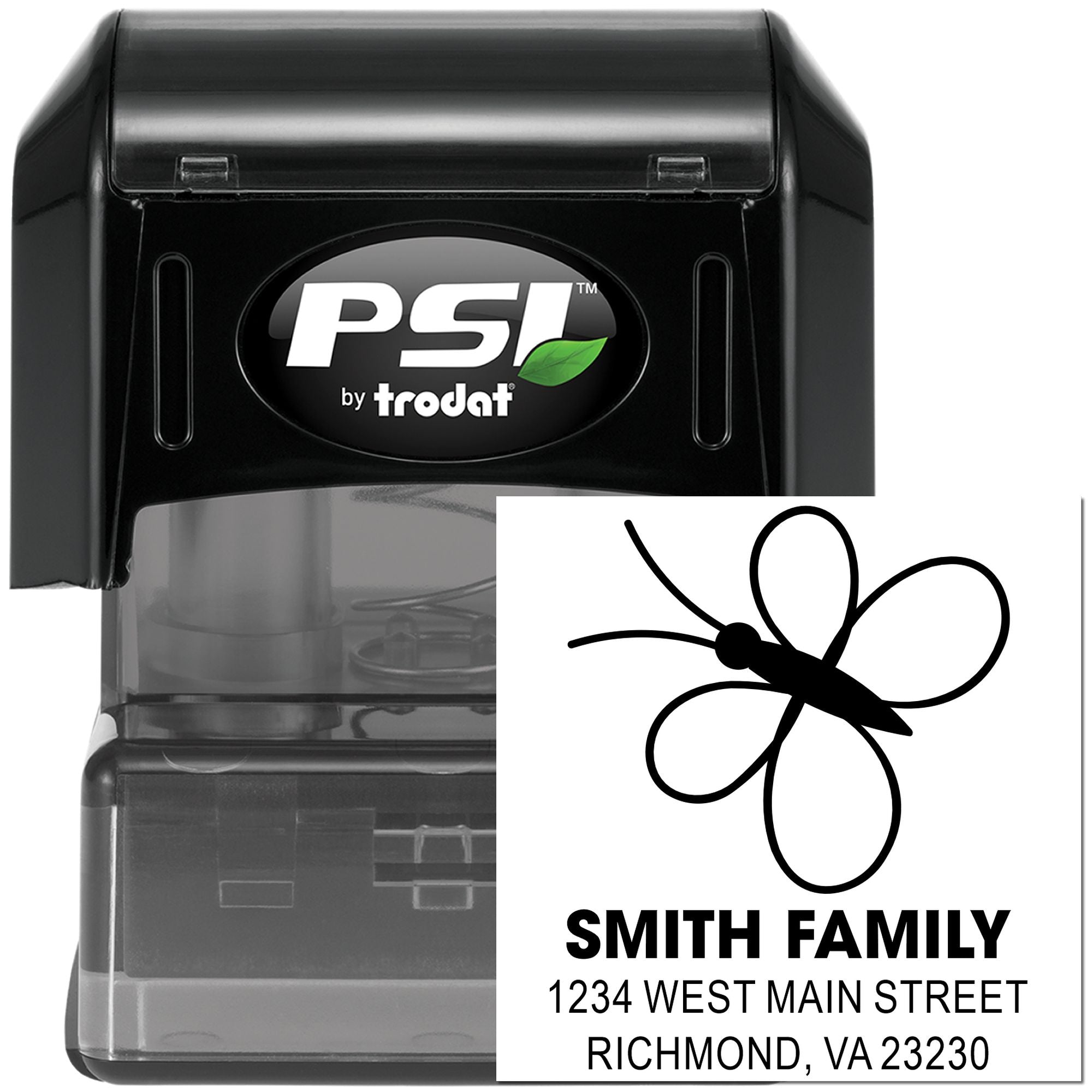 PSI by Trodat custom self-inking rubber address stamp with butterfly design and Smith Family return address.