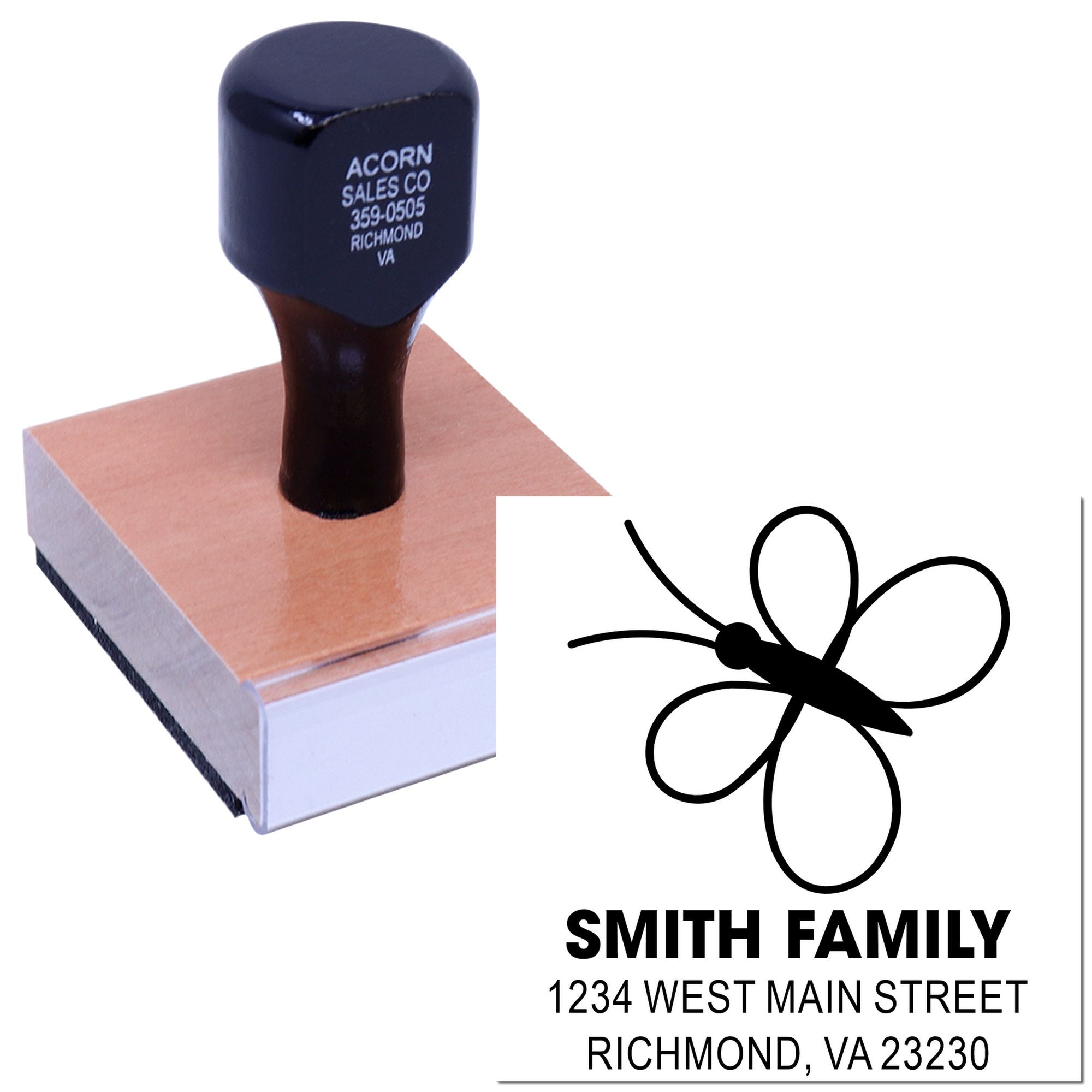 Personalized custom rubber address stamp with butterfly logo for Smith Family, Richmond, VA 23230