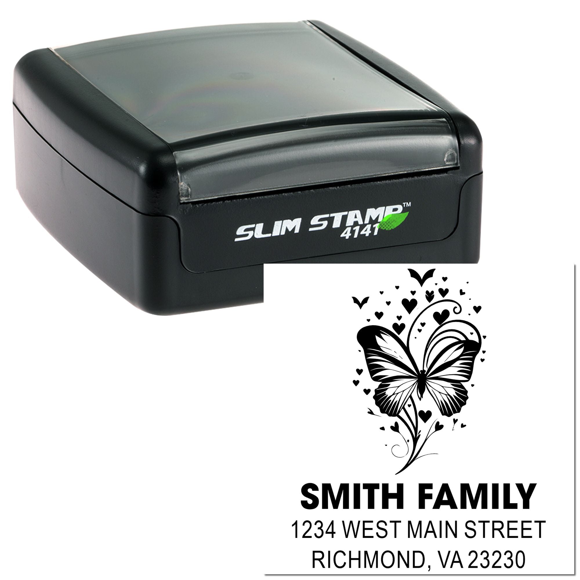 Self-inking rubber stamp with custom butterfly return address design for Smith Family mailing labels.