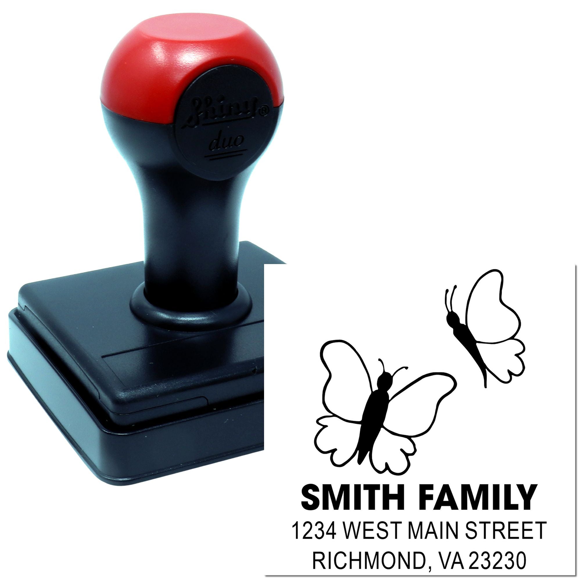 Custom self-inking address stamp with butterfly design for Smith Family, Richmond, VA return address imprint.