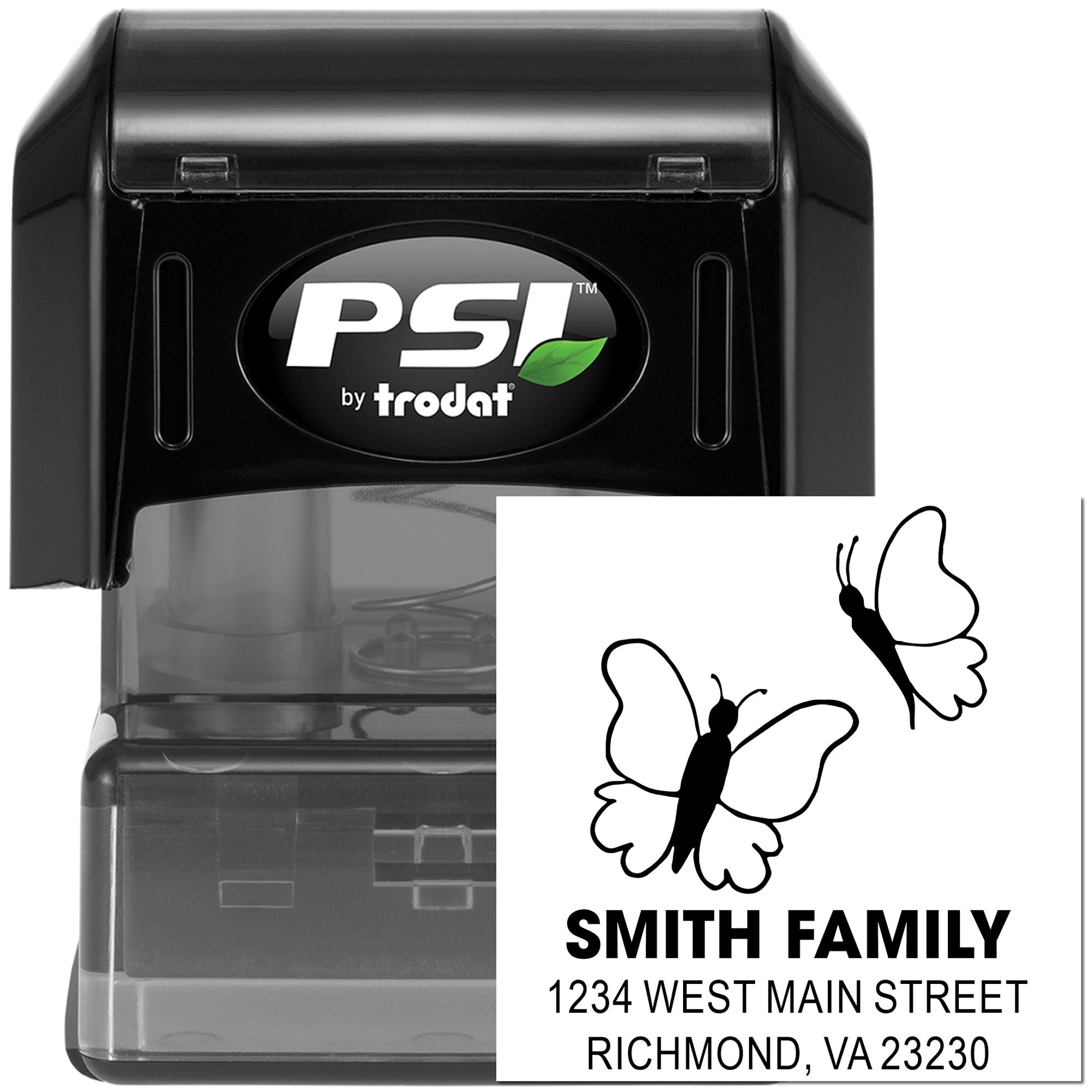 PSI by Trodat custom self-inking rubber address stamp with butterfly design for family return envelopes.
