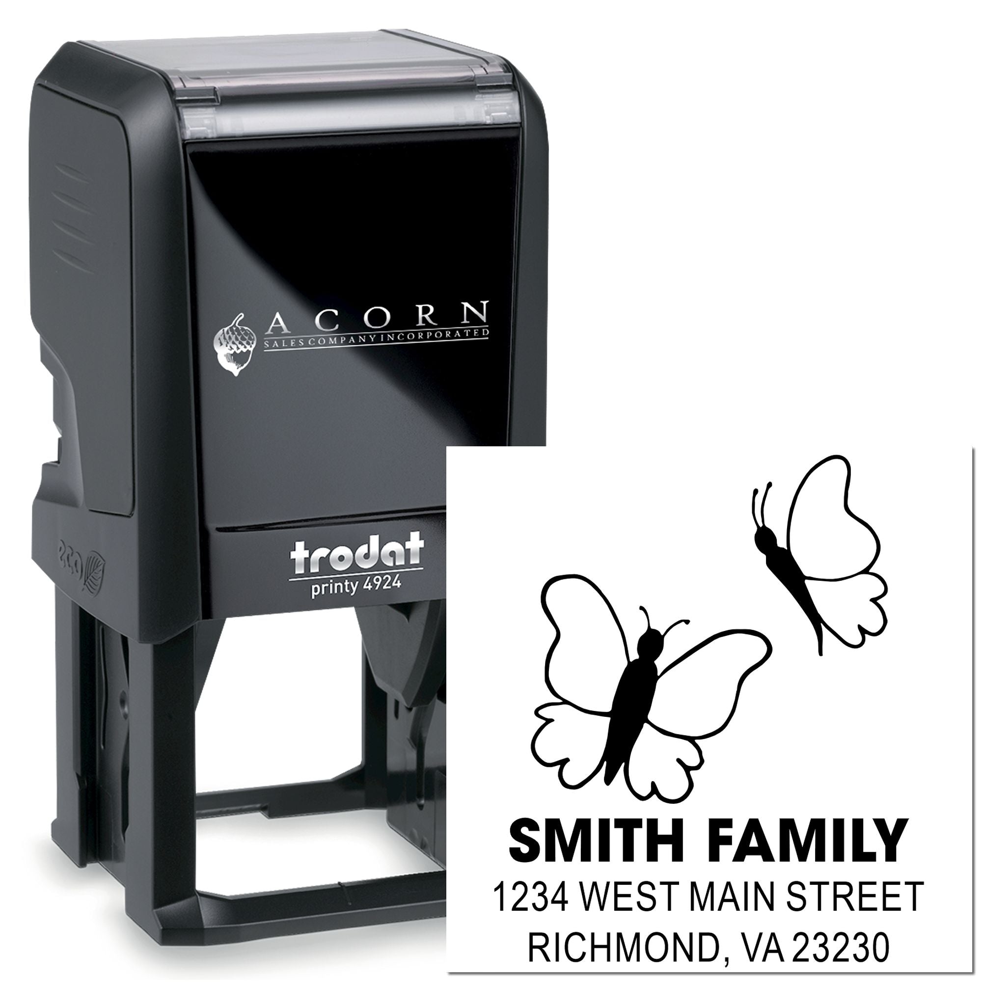 Trodat Printy custom self-inking rubber stamp with butterfly family address design for personalized mail and invitations