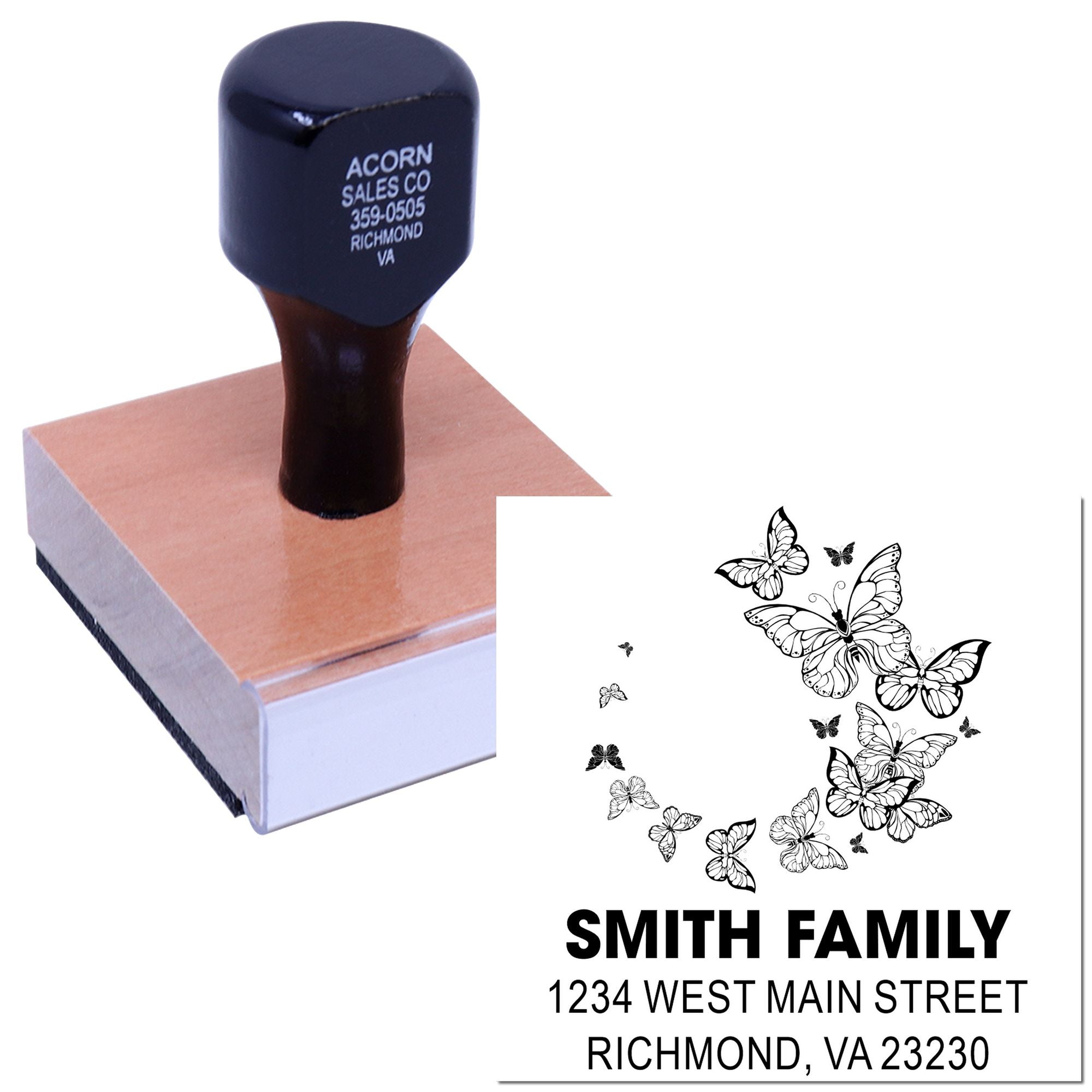 Personalized family address rubber stamp with butterfly design for custom mailing labels, invitations, and stationery.