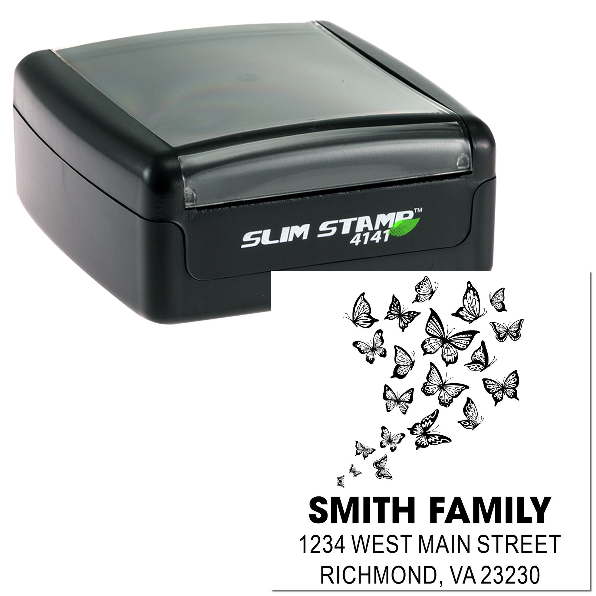 Slim Stamp 4141 custom self-inking address rubber stamp with butterfly motif and Smith family return address.