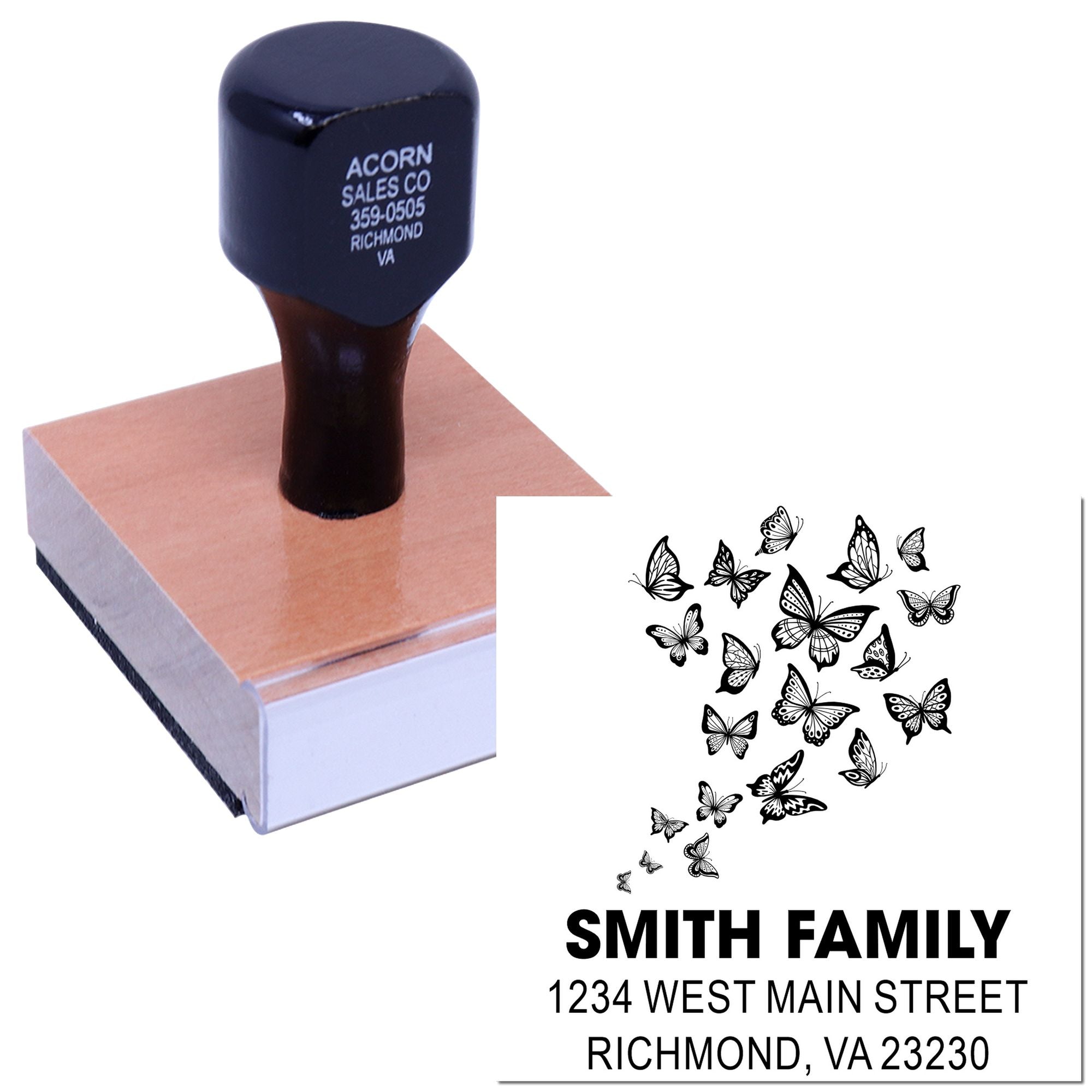 Custom rubber address stamp with butterfly design, showing Smith family return address imprint for mail and packaging.