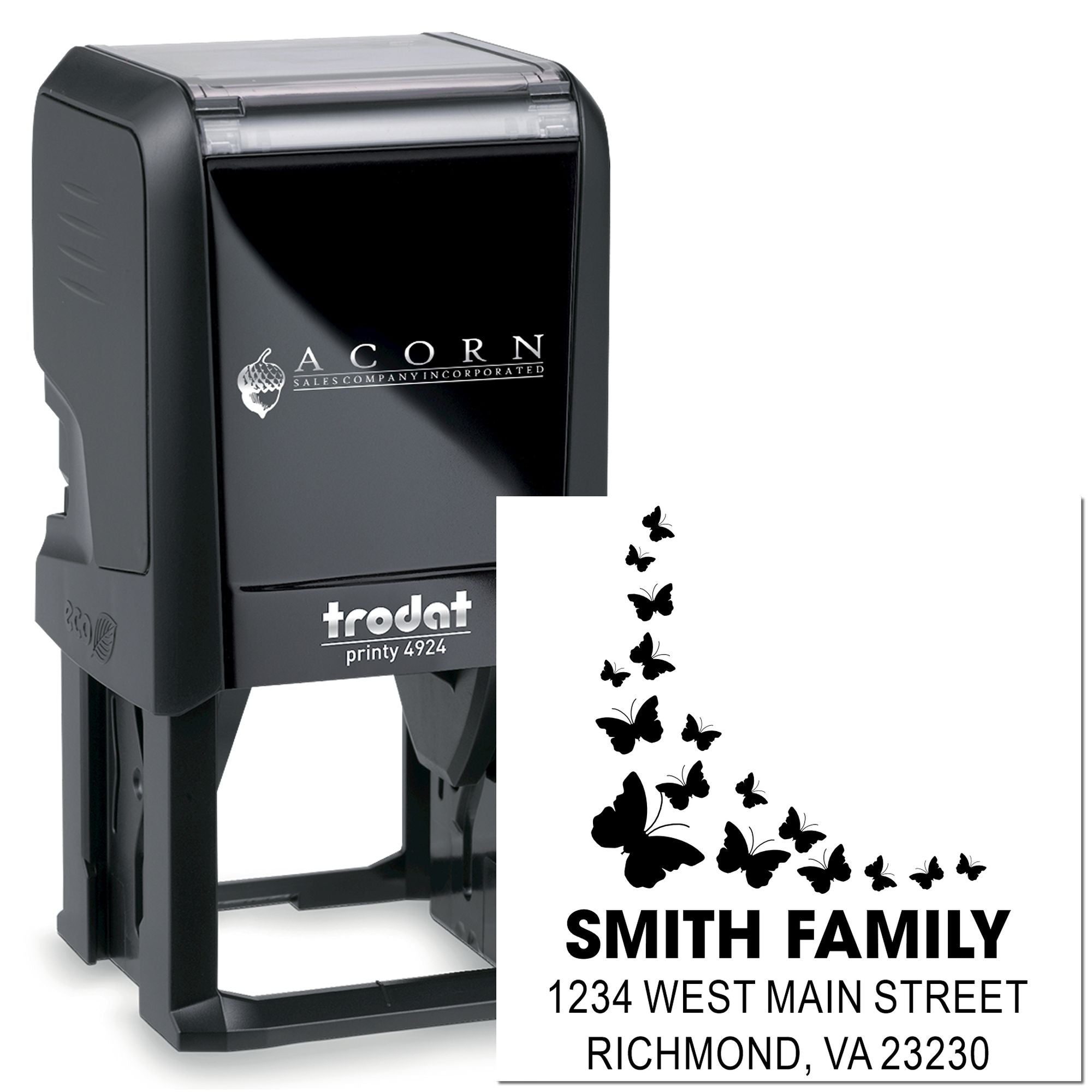 Custom self-inking rubber address stamp with butterflies for Smith Family, Richmond VA, for fast mailing and return address use.