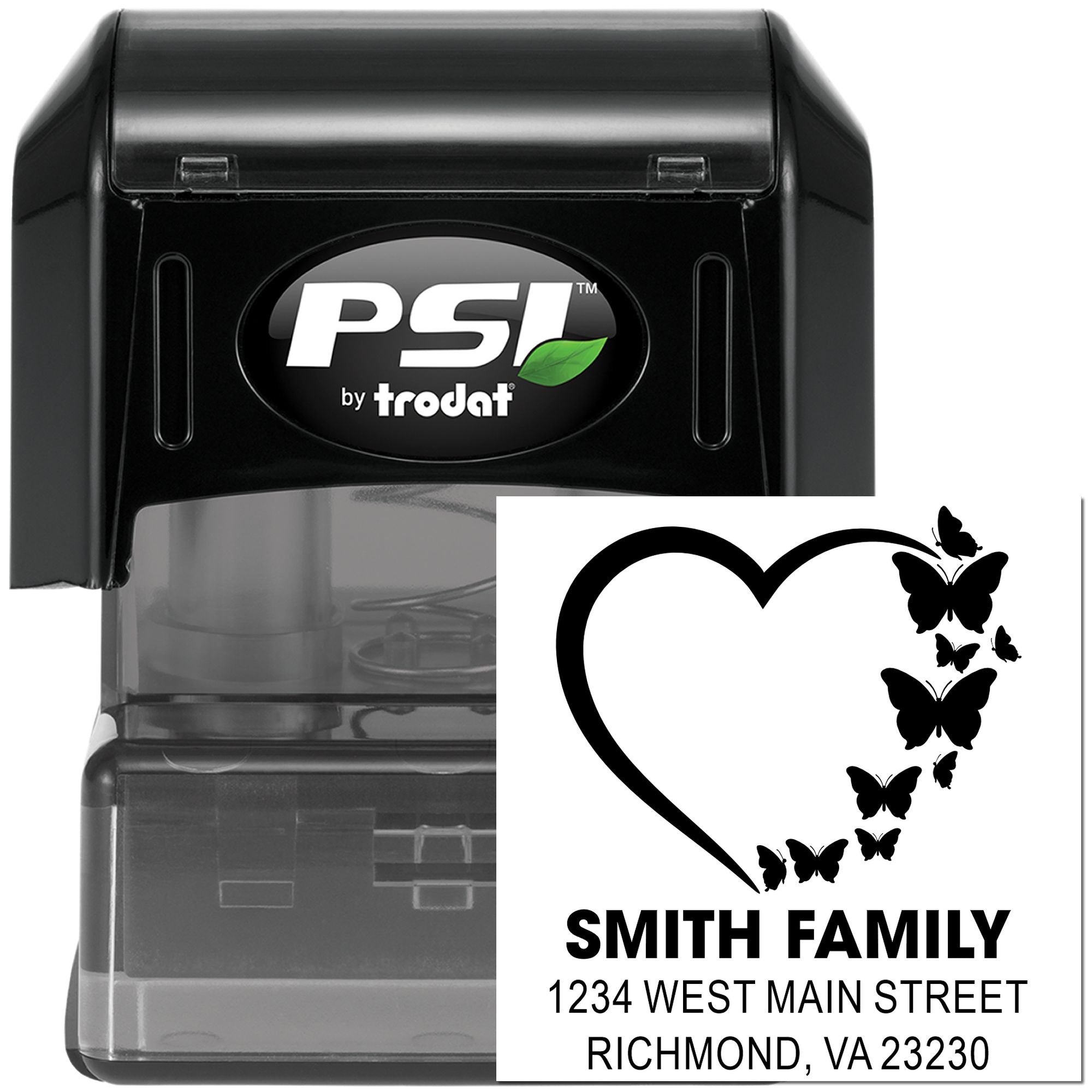PSI by Trodat self-inking custom address rubber stamp with butterfly heart design for family name and mailing address