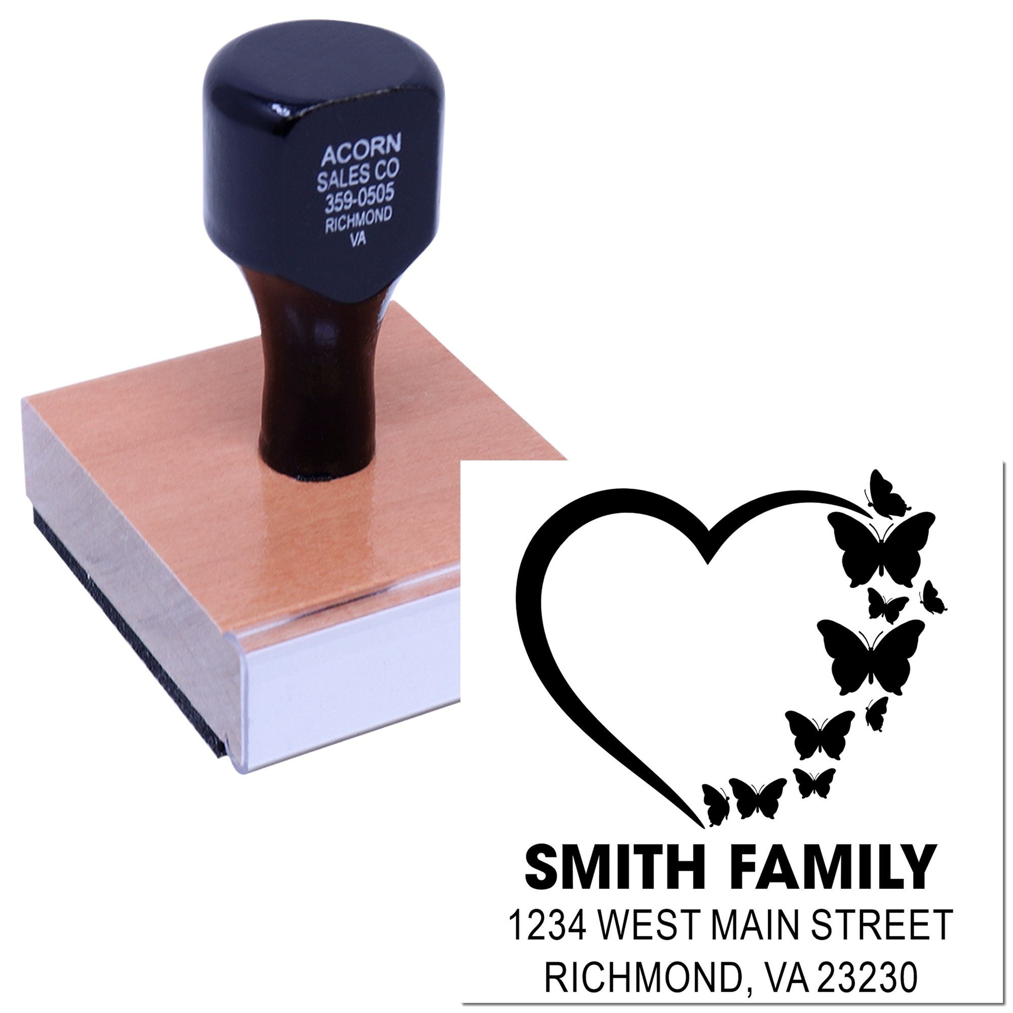 Custom return address rubber stamp with heart-and-butterfly design for Smith Family mailing and invitations.
