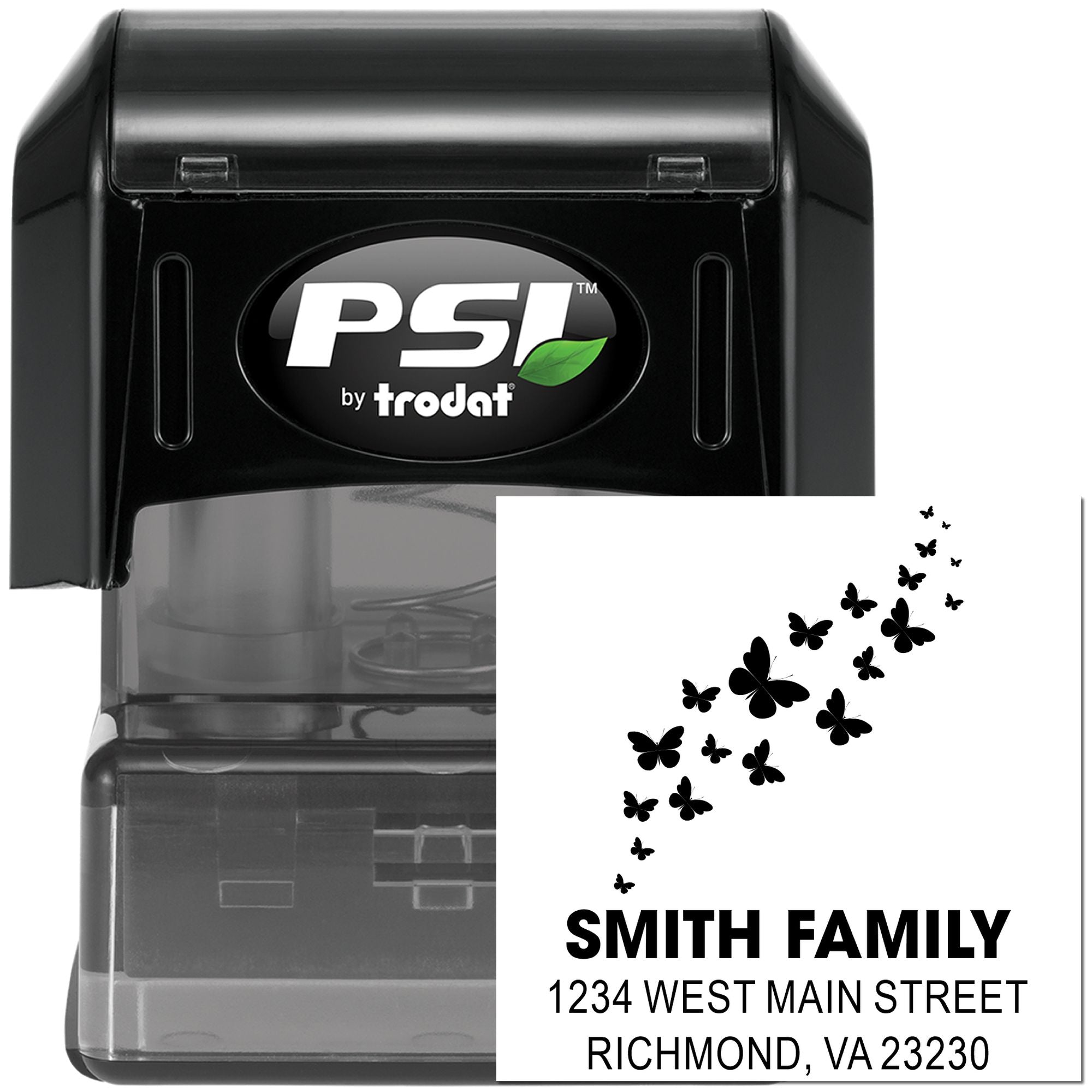 Custom self-inking return address rubber stamp with butterfly design, PSI by Trodat, for home mailing.