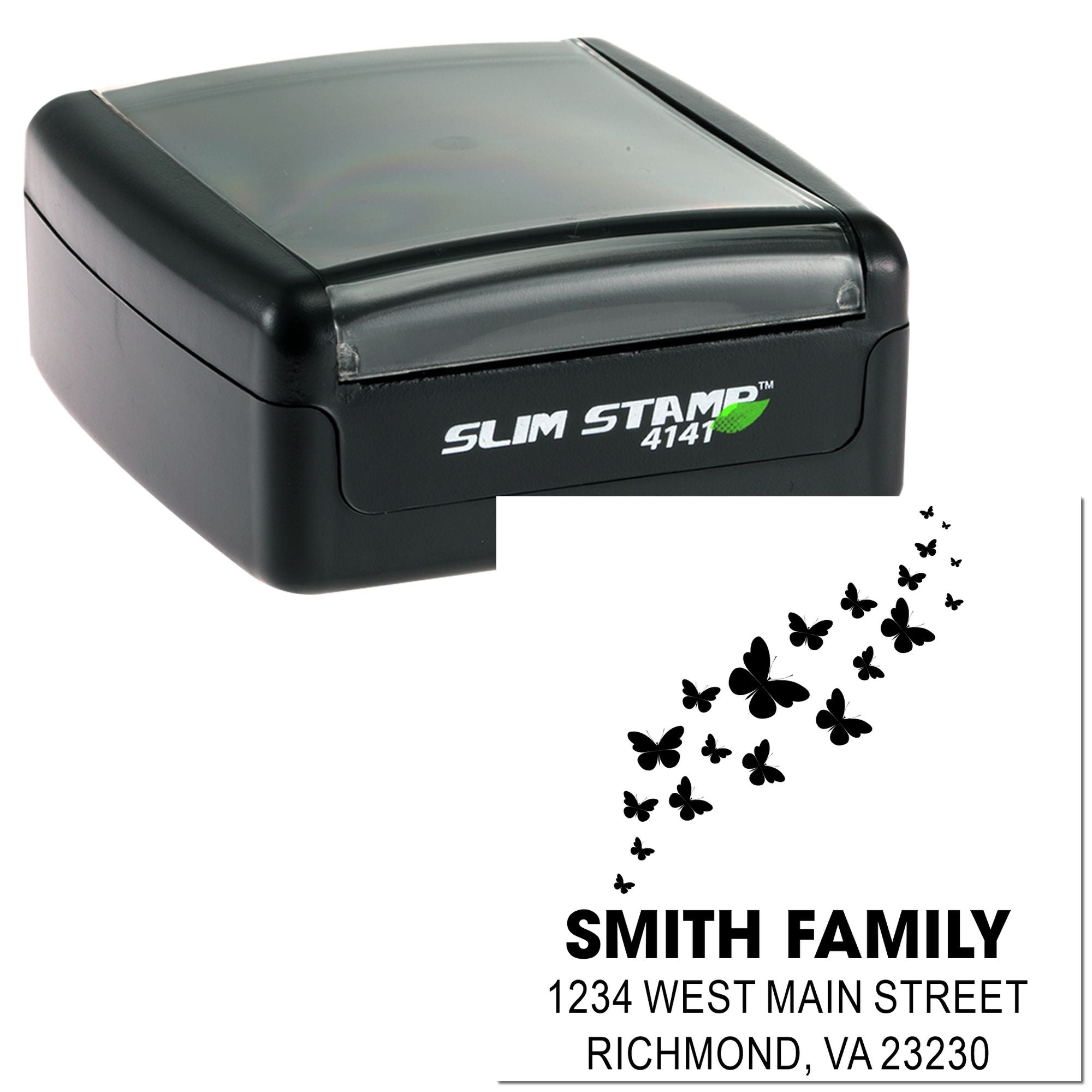 Slim self-inking rubber address stamp with butterfly design and Smith Family address, ideal for custom mailing and stationery.