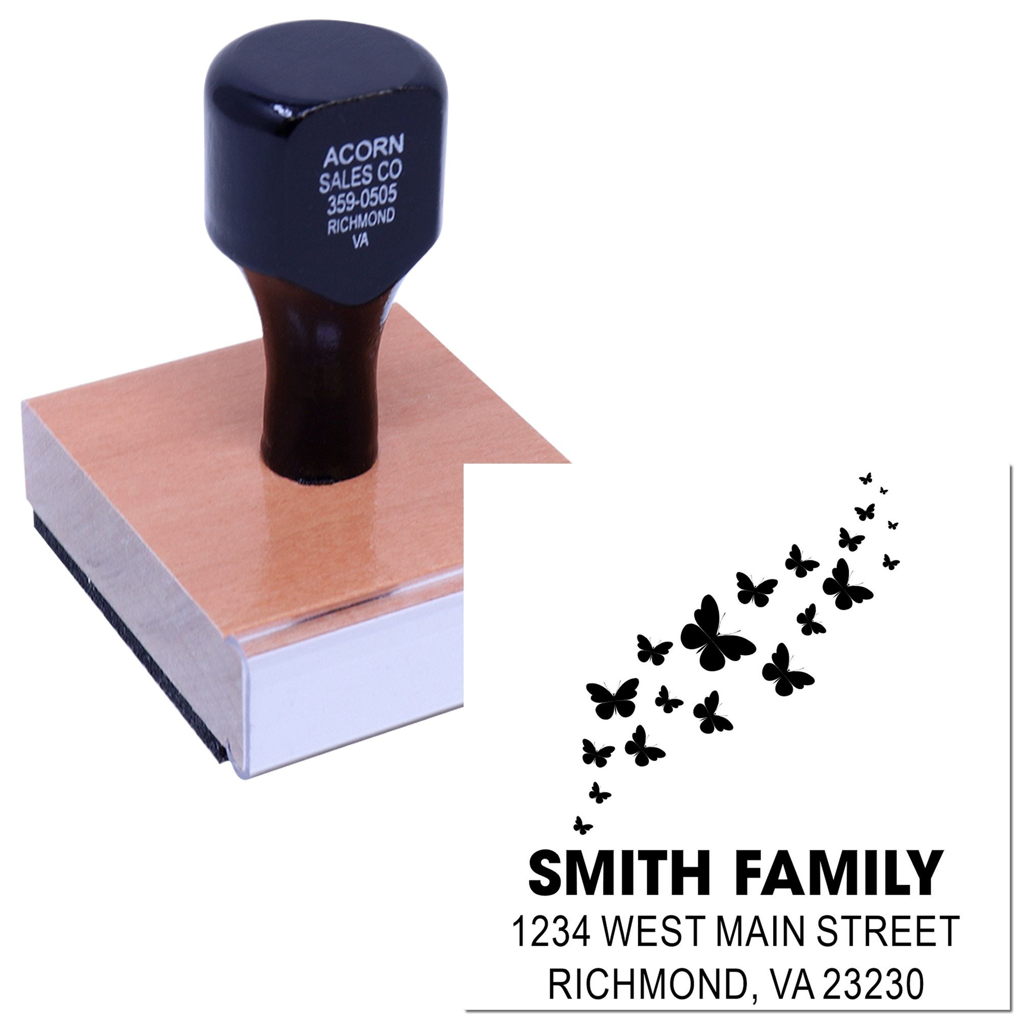 Custom butterfly address rubber stamp with Smith Family Richmond VA return address