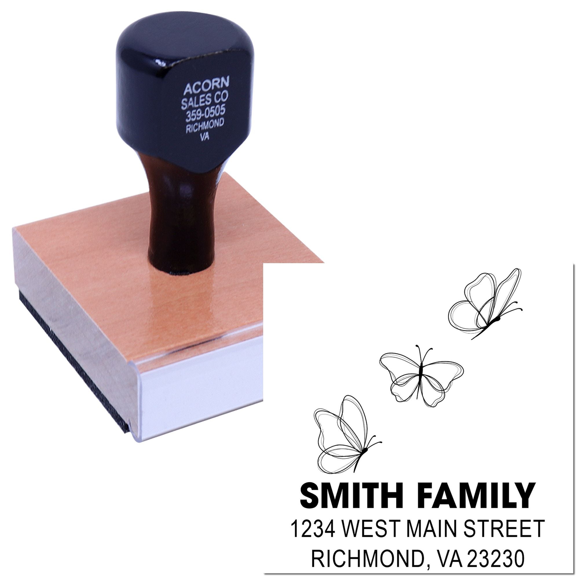 Custom rubber address stamp with butterfly design and Smith family address for return mail and envelope labeling.