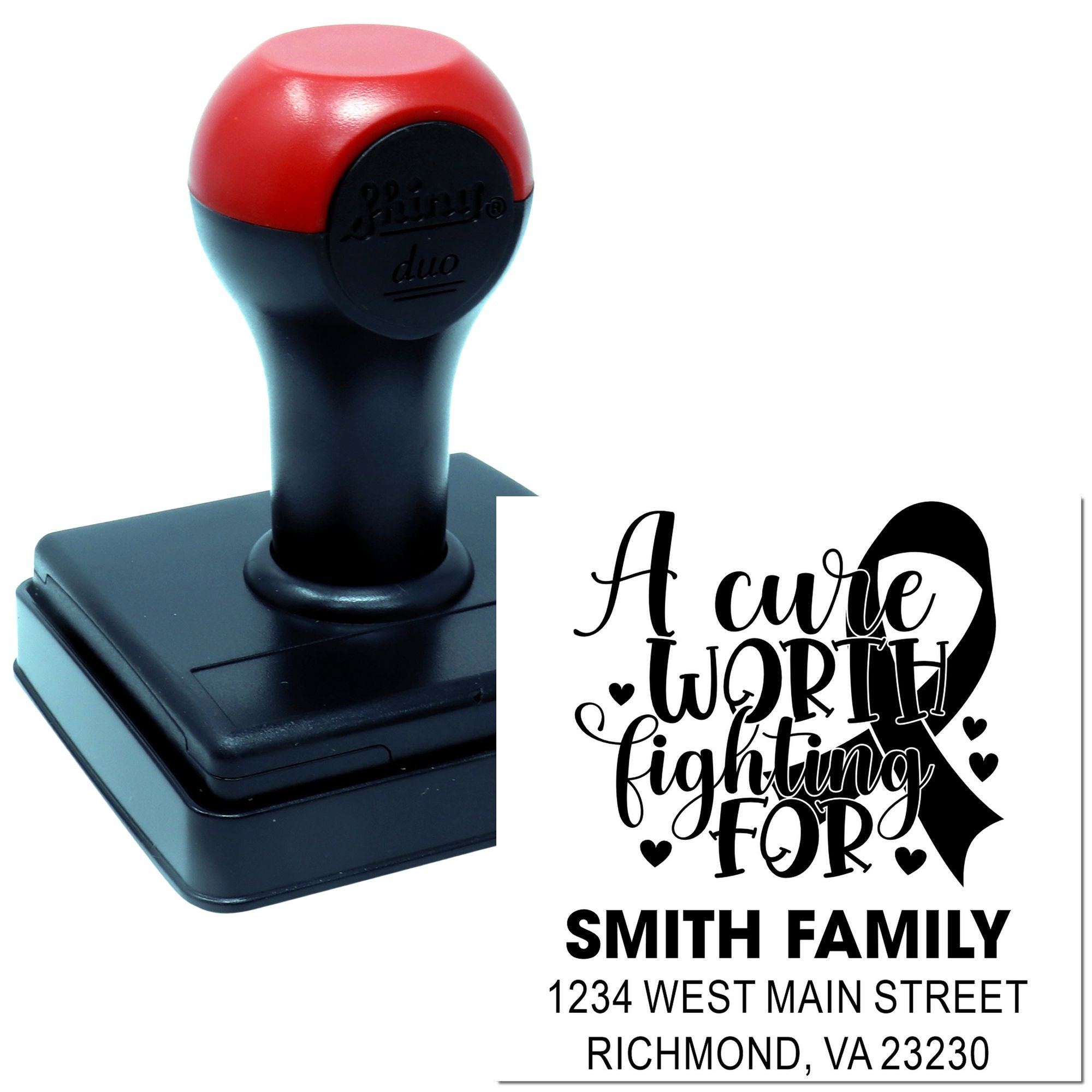 Custom self-inking rubber stamp featuring A Cure Worth Fighting For cancer awareness ribbon and return address.