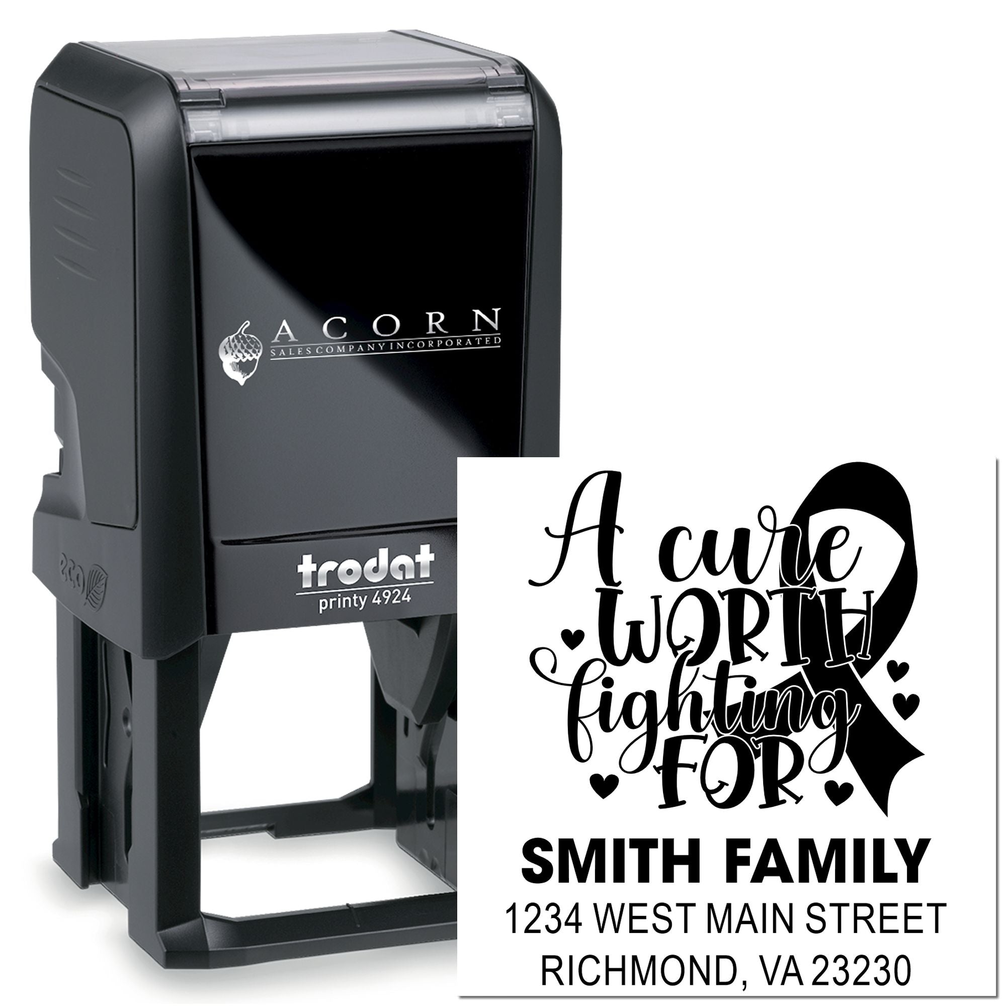 Custom self-inking rubber stamp with A cure worth fighting for cancer awareness and family address design.