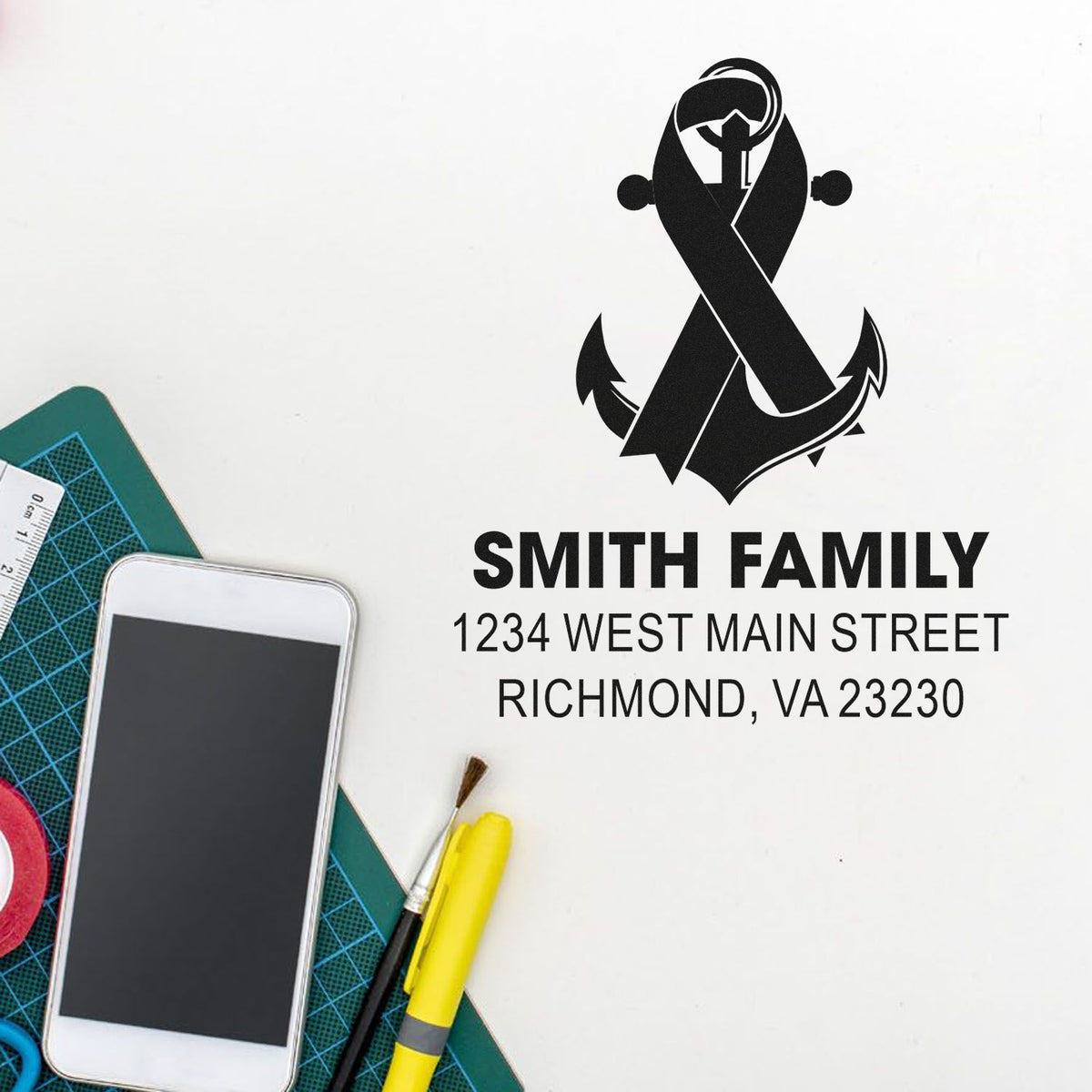 Custom rubber stamp design with anchor monogram and Smith Family return address for personalized mailing labels.