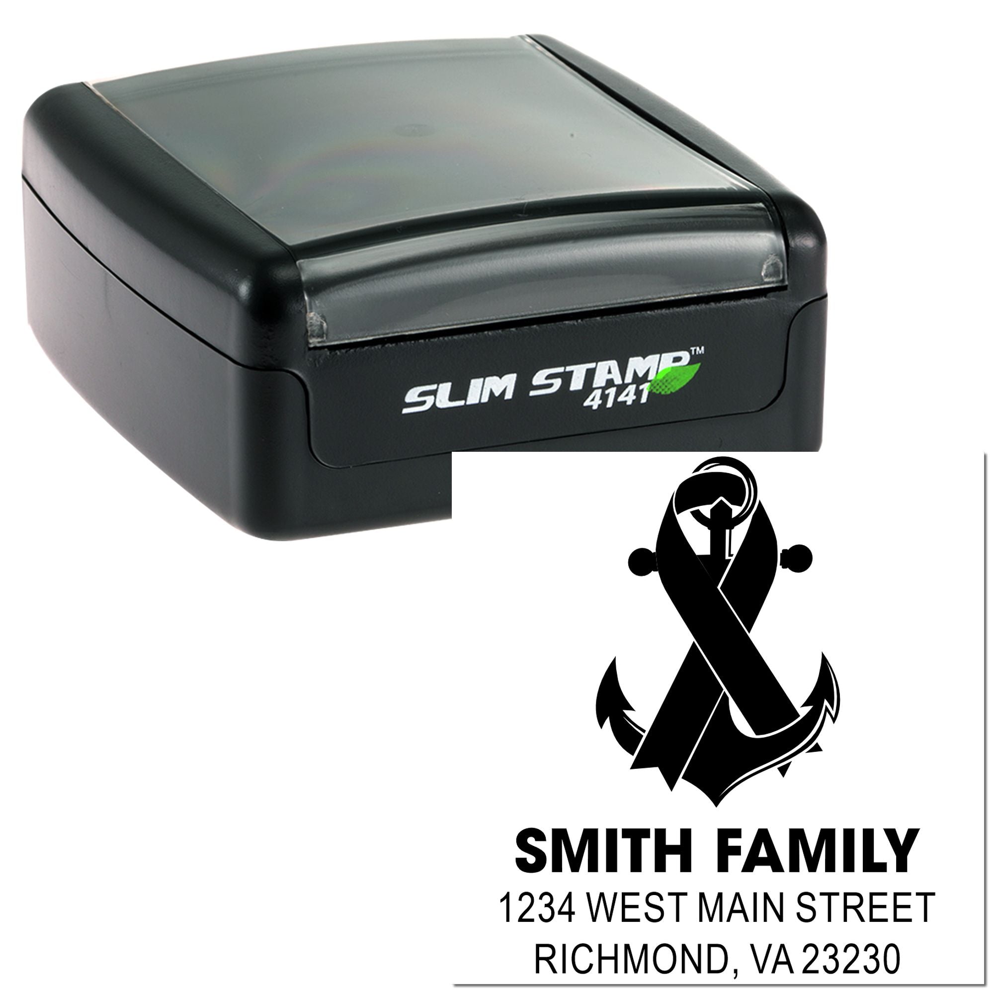 Custom self-inking rubber stamp with ribbon design for family return address labels, featuring Smith Family and Richmond, VA address.
