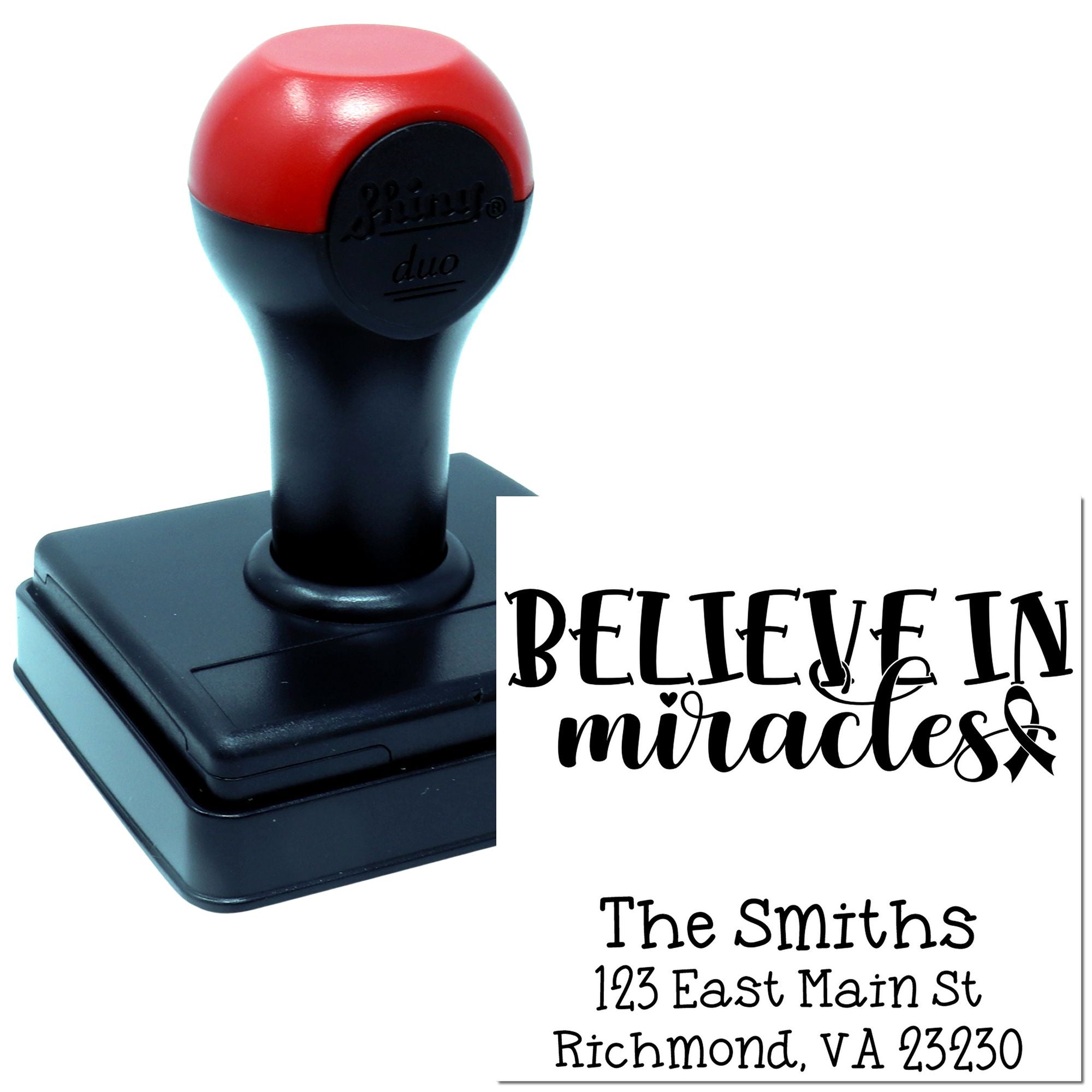 Custom self-inking rubber stamp featuring Believe in miracles and return address imprint for personalized stationery.