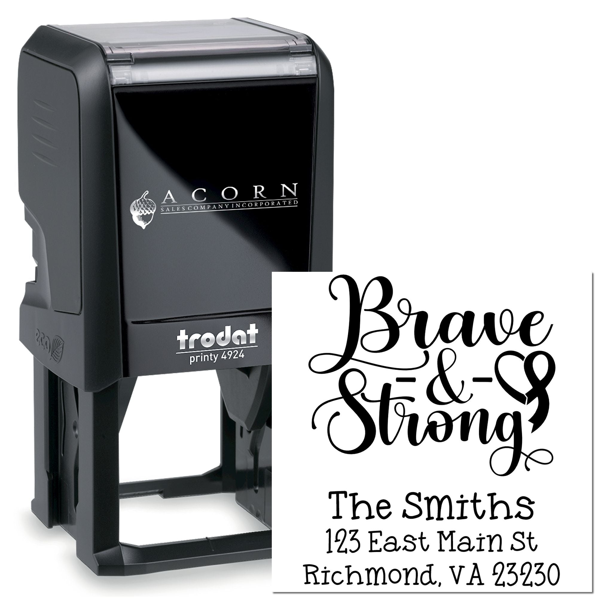 Custom self-inking rubber address stamp, Trodat Printy 4924, with decorative Brave & Strong design and Smith family return address.