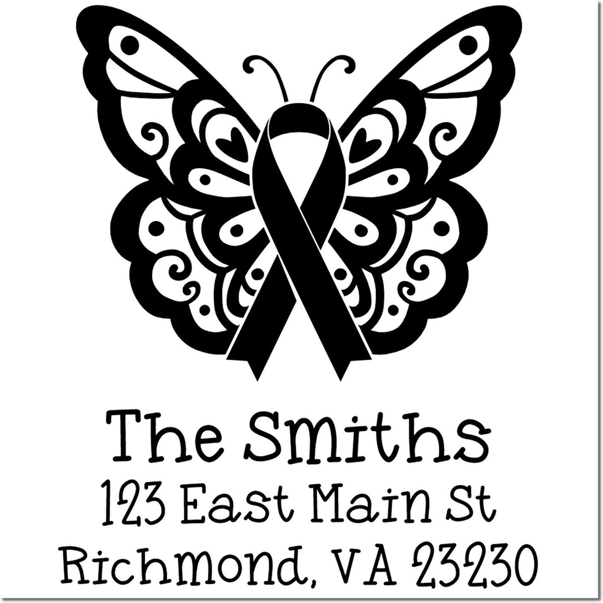 Custom butterfly awareness ribbon return address rubber stamp for The Smiths, 123 East Main St, Richmond, VA.