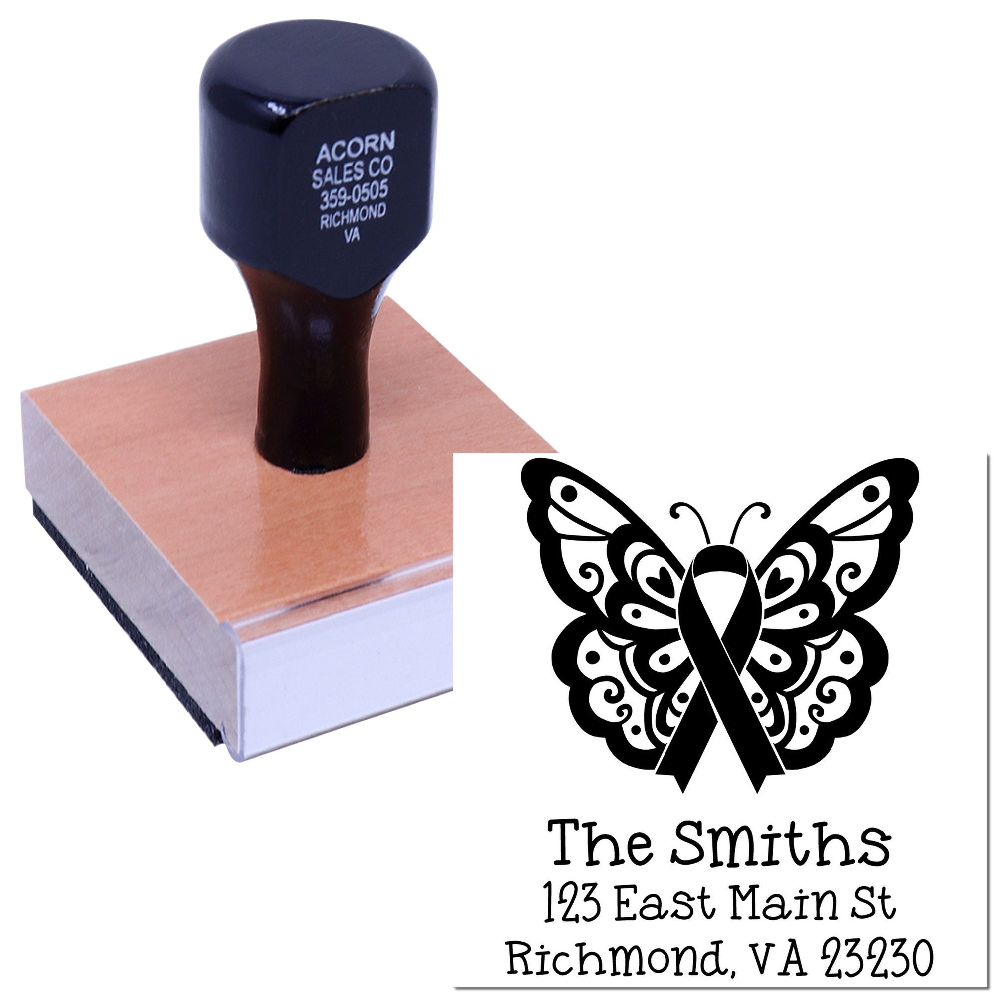 Custom rubber stamp with butterfly ribbon design and return address for The Smiths, ideal for awareness or memorial stationery.