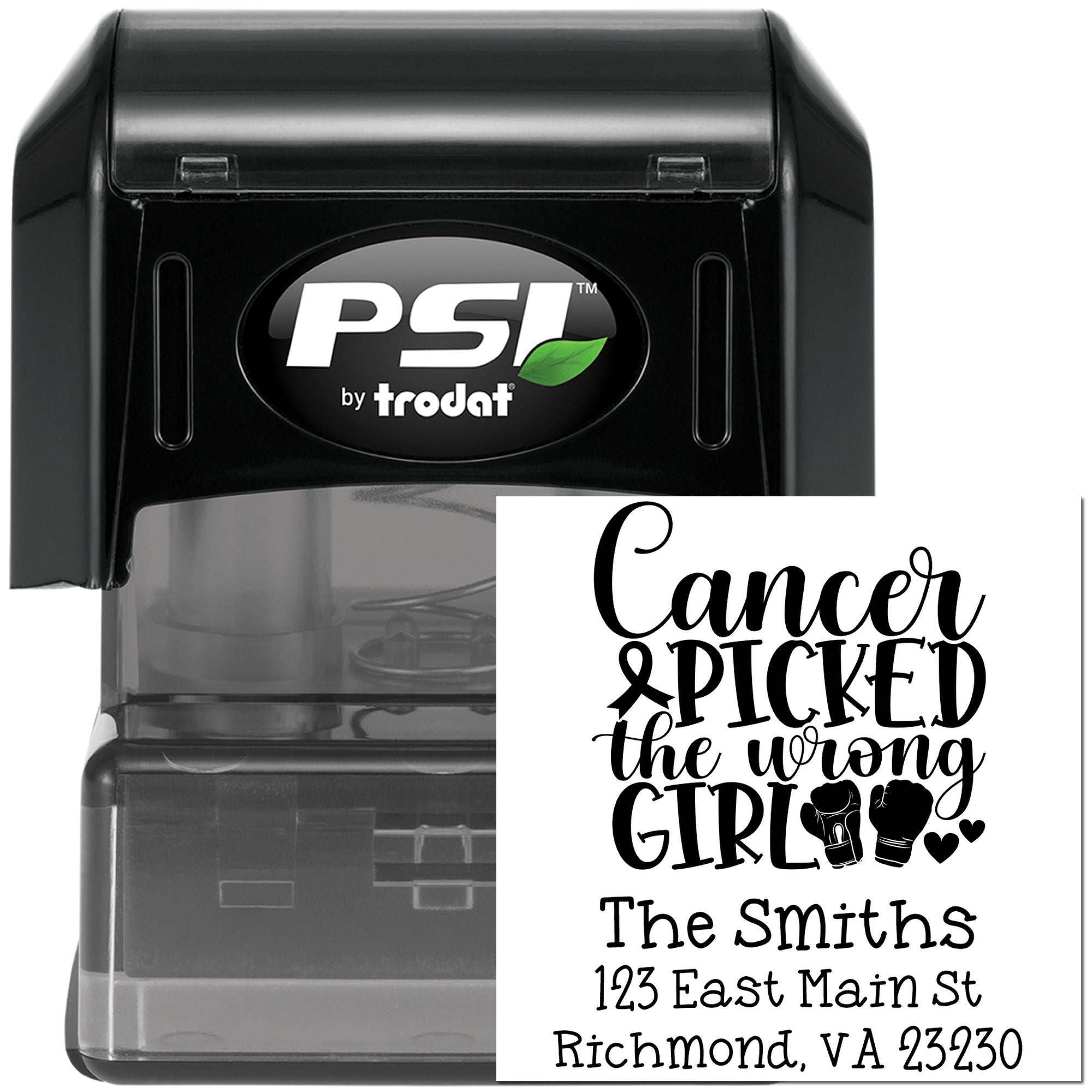Custom self-inking return address rubber stamp by PSI/Trodat with Cancer picked the wrong girl design for The Smiths.